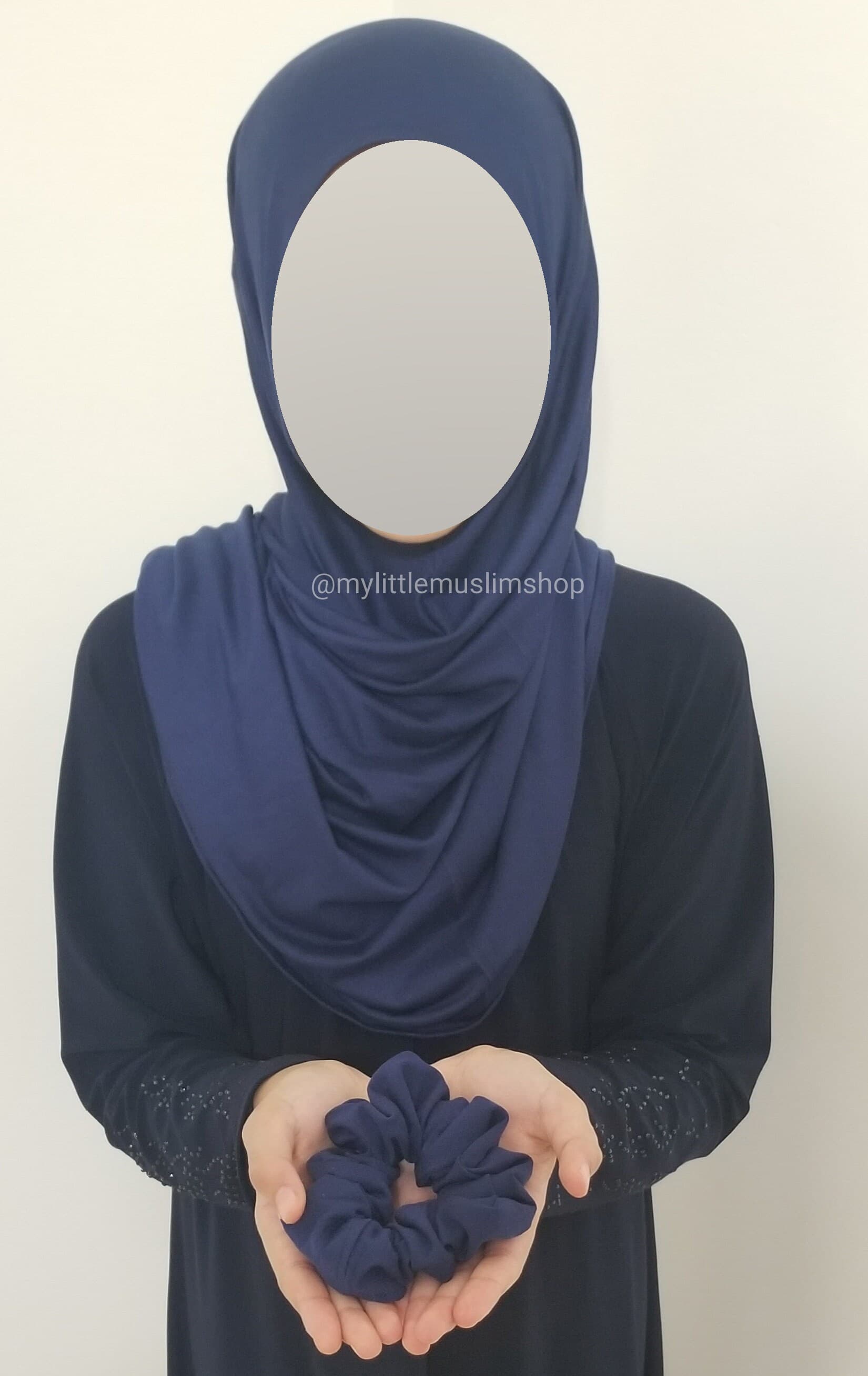 Girl's Instant Jersey Hijab with Scrunchie: Navy Blue Muslim Scarf (Ages 5-10) - image 2