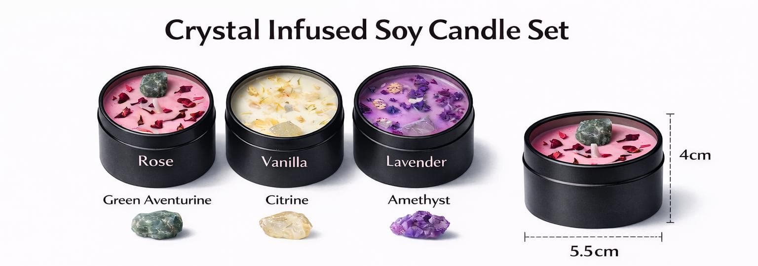 Crystal Infused Soy Candles Set, Rose Vanilla Lavender, Healing Crystals (Gift Box) - image 3