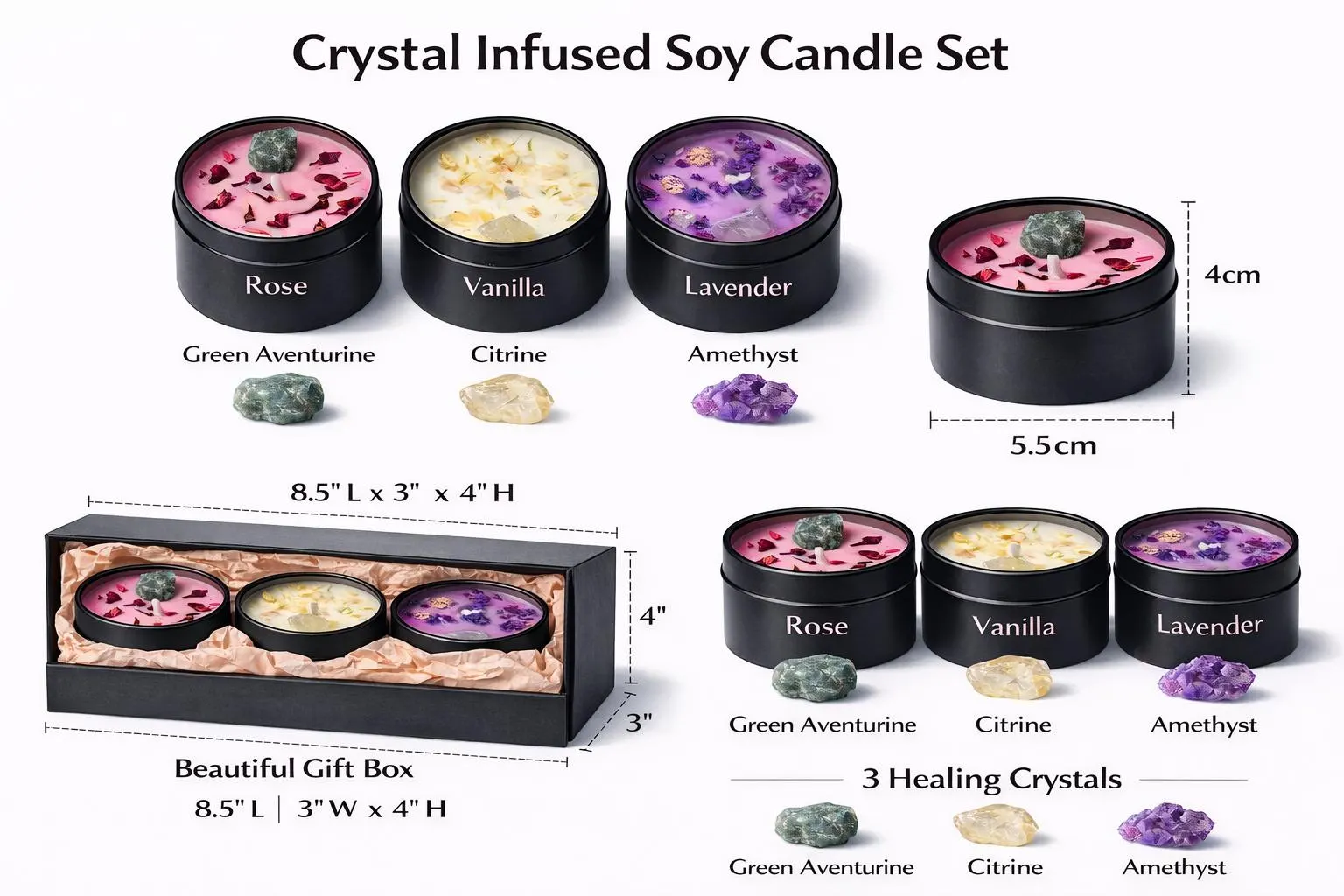 Crystal Infused Soy Candles Set, Rose Vanilla Lavender, Healing Crystals (Gift Box) - image 2