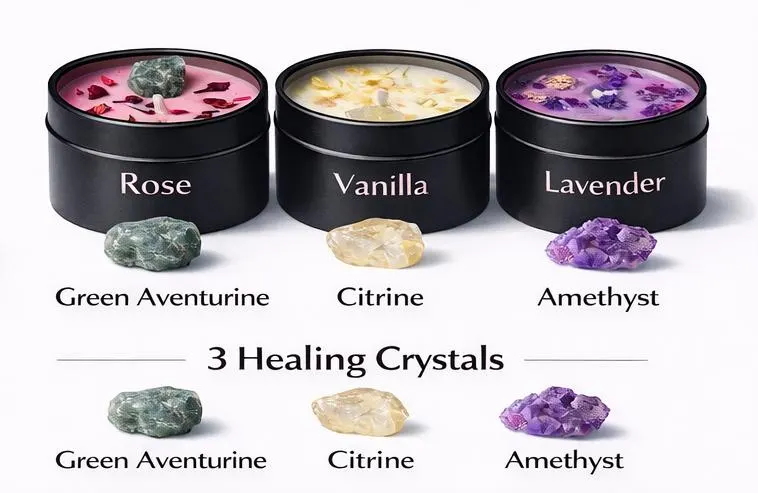 Crystal Infused Soy Candles Set, Rose Vanilla Lavender, Healing Crystals (Gift Box) - image 5