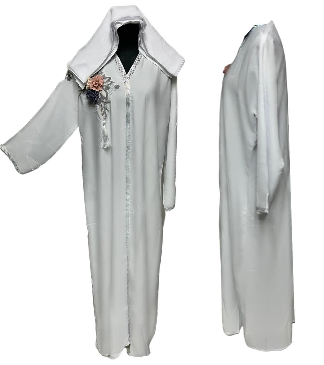 Women's White Nida Abaya Jalabiya long dress With stone work