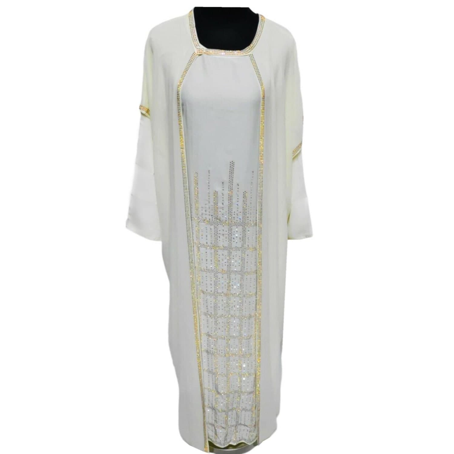 Luxury Cream women stone work Abaya Jalabiya Arab Long Dress - image 4