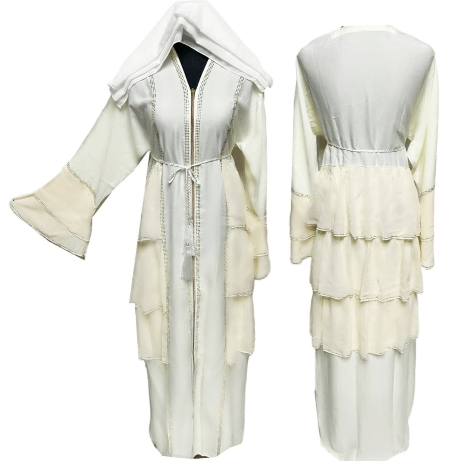 Latest Design Women Cream Frill Abaya Farasha Jalabiya Arab Dress