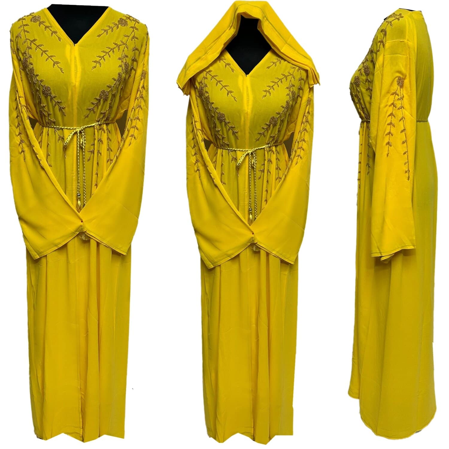 Yellow Women's Open Front Chiffon Abaya Jalabiya long dress with Hand Bead Work