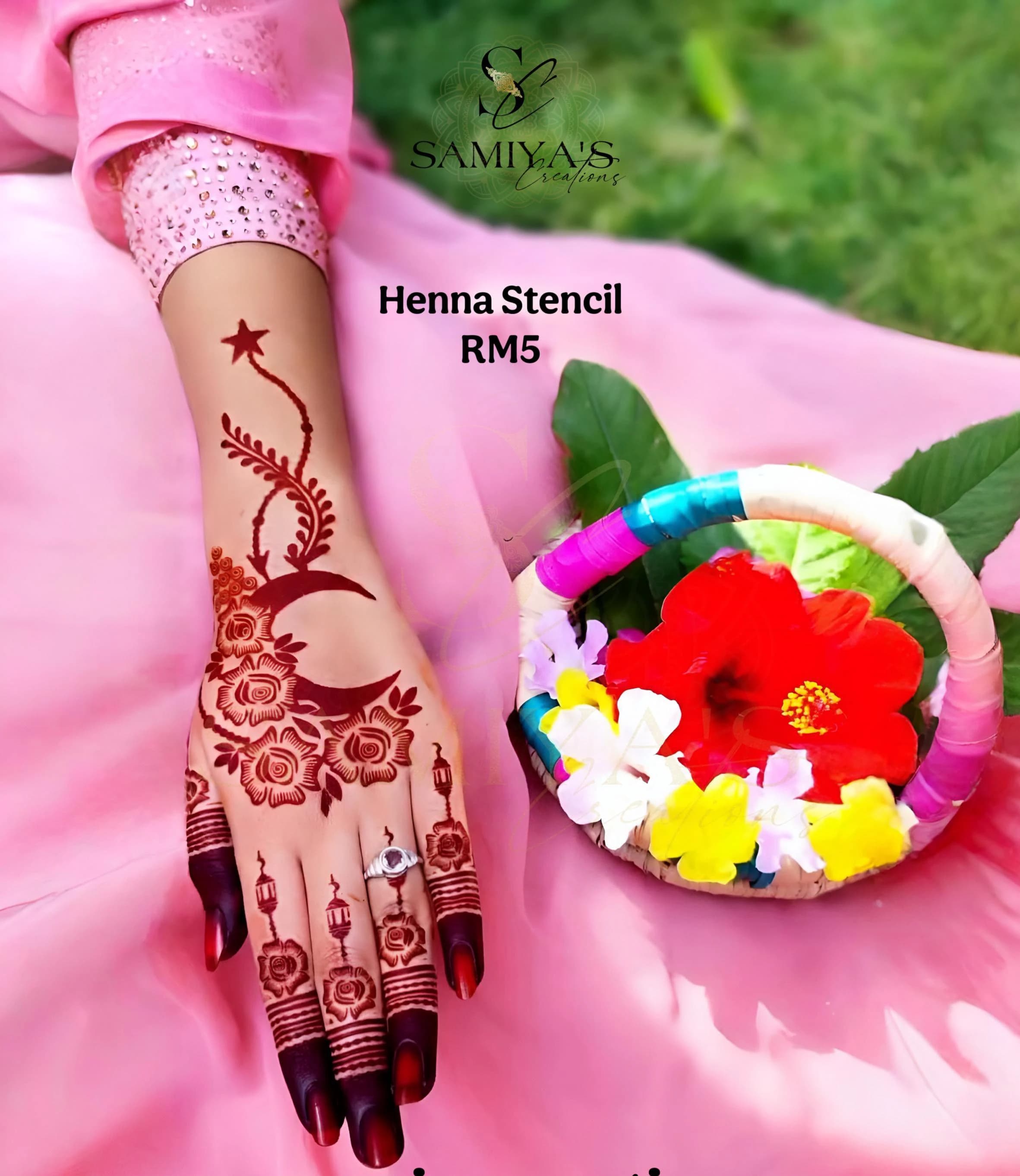 Eid Henna Stencil: Crescent Moon Floral Designs