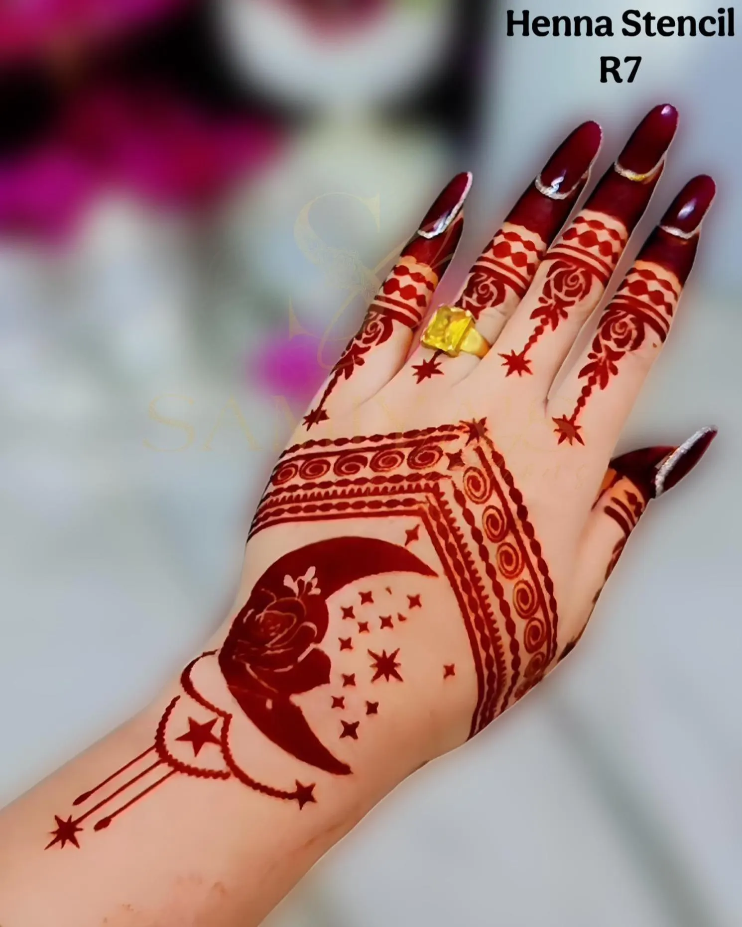 Eid Henna Stencil: Crescent Moon Floral Designs