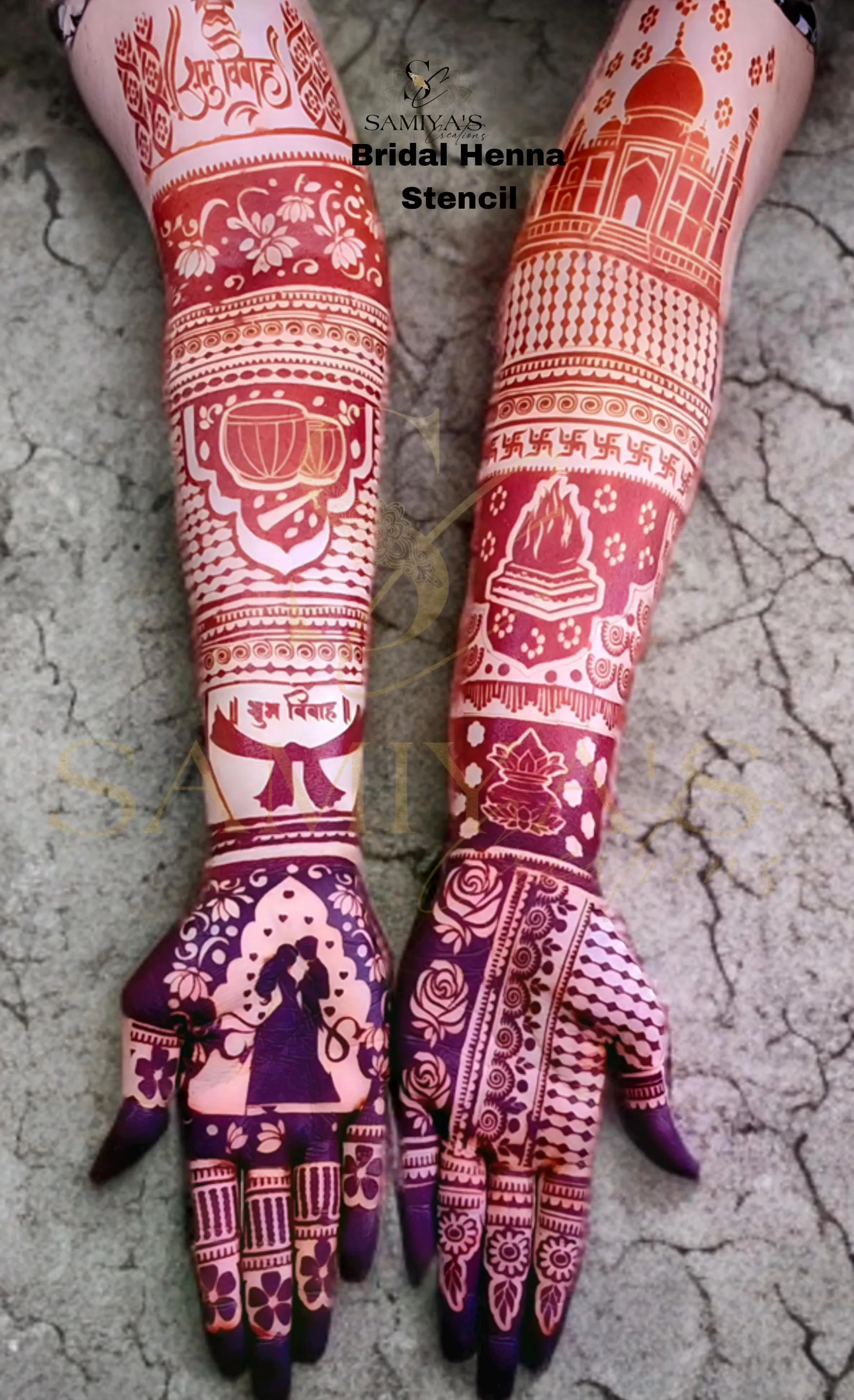 Subh Vivah Bridal Henna Stencil with Bride and Groom Design by Samiya’s Creations
