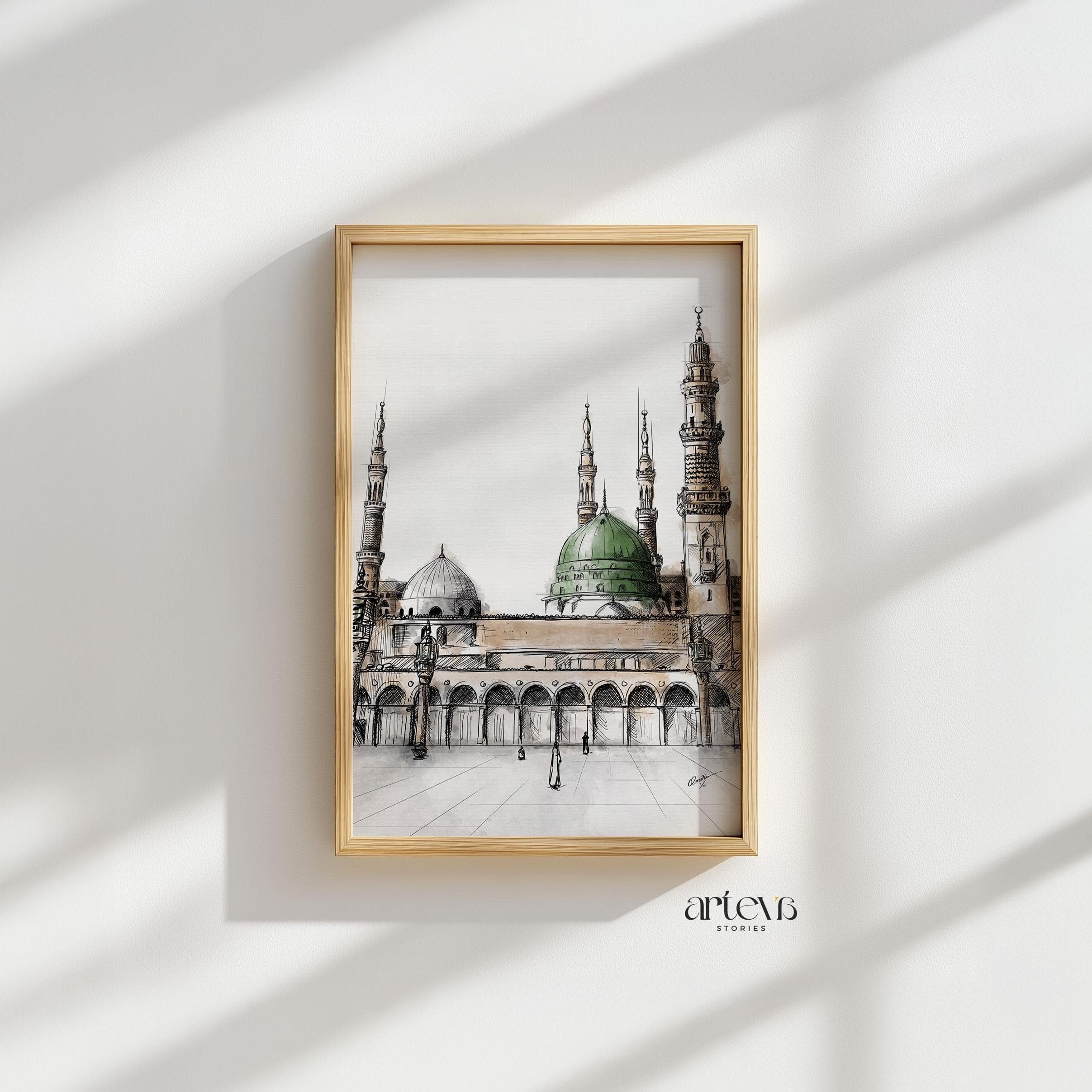 Green Dome Mosque Madinah Digital Islamic Art | Masjid An-Nabawi Watercolor Sketch | Printable Islamic Wall Art Home Decor