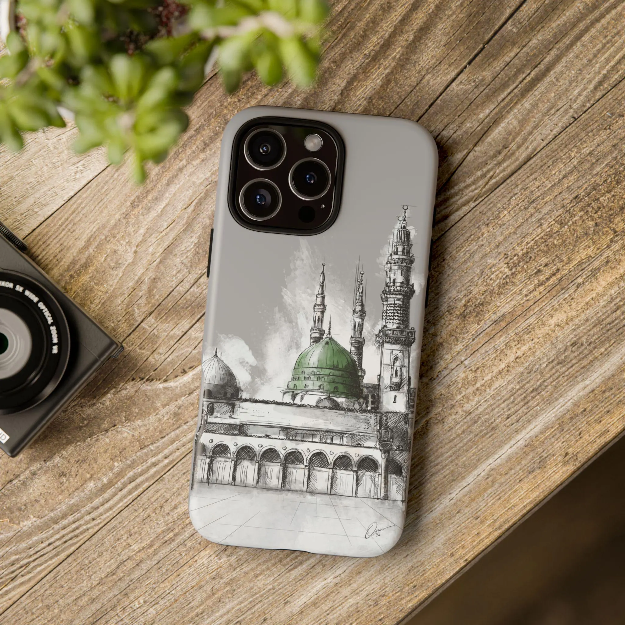 Masjid An-Nabawi Green Dome Sketch Tough Phone Case, Islamic Art iPhone & Samsung Cover, Muslim Gift