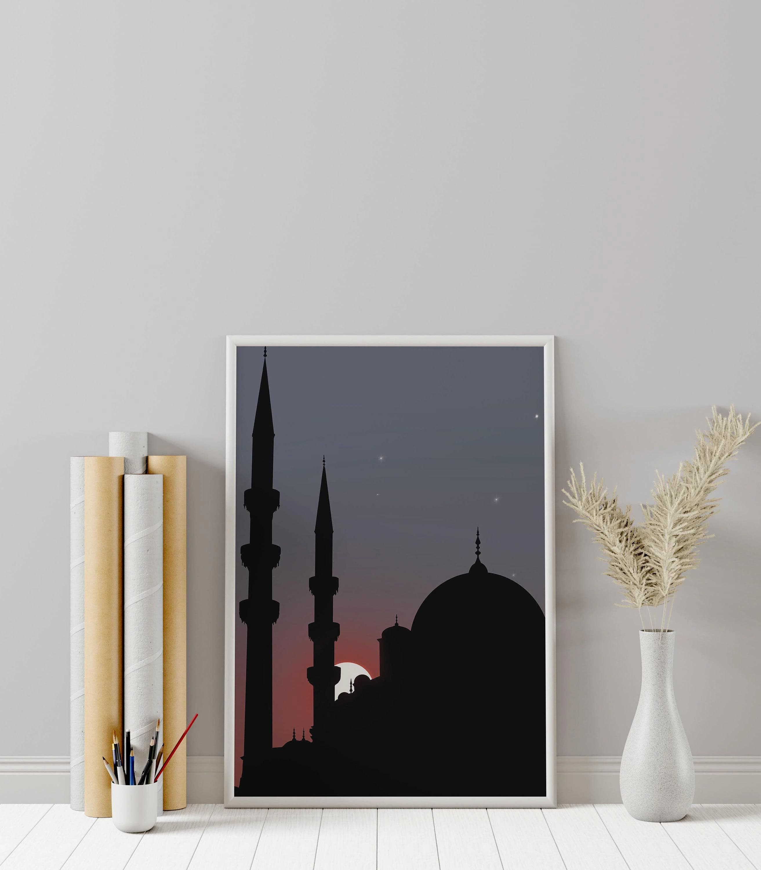 Printable Islamic Wall Art Masjid and Sunset Minimalist Wall Art, Mosque Silhouette, Masjid Art, Islamic Home Decor, Ramadan Decoration
