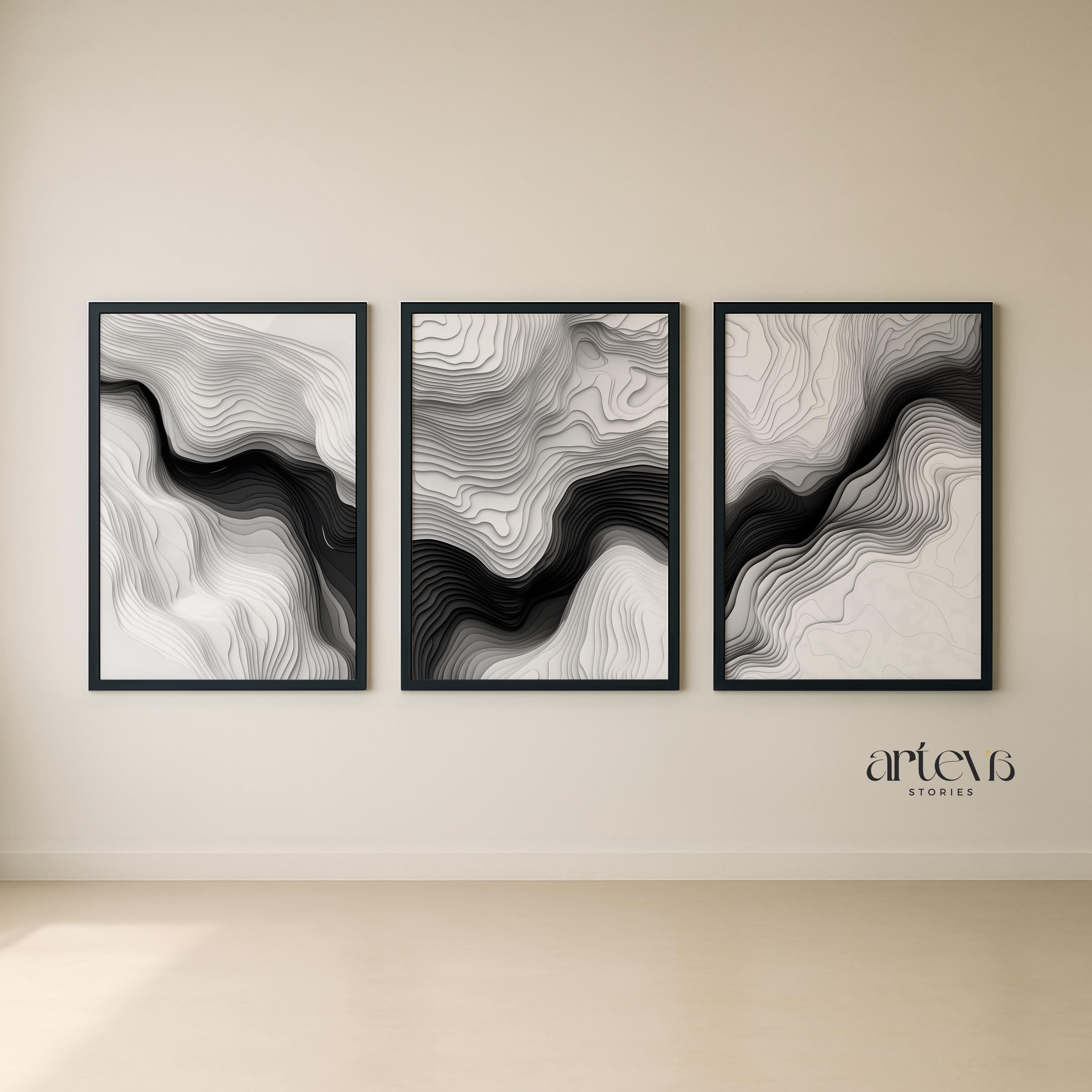 Set of 3 Monochrome Topography Line Art Prints, Black & White Abstract Minimalist Wall Art, Modern Printable Download - image 4