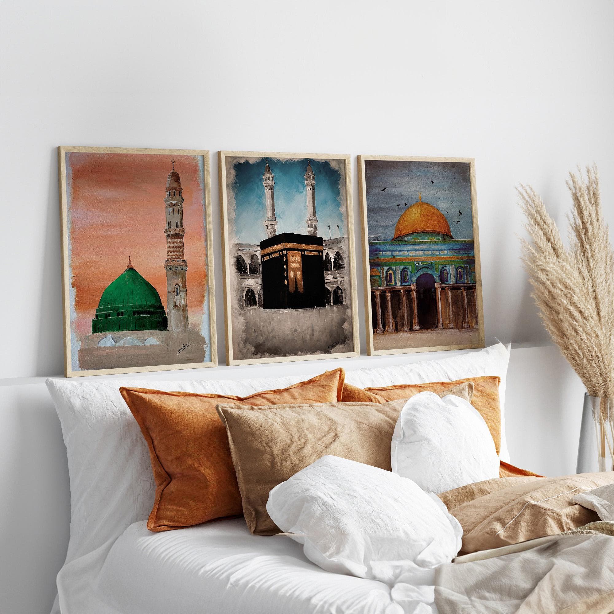 Set of 3 Islamic Landmarks Wall Art, Kaaba Mecca Dome of the Rock Masjid Nabawi, Printable Ramadan Decor Digital Download - image 5