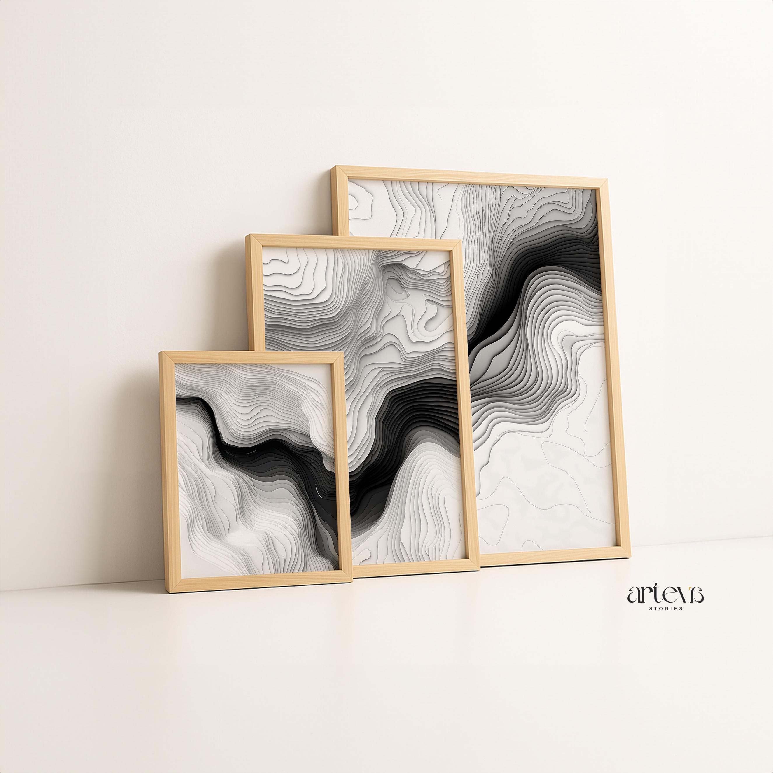 Set of 3 Monochrome Topography Line Art Prints, Black & White Abstract Minimalist Wall Art, Modern Printable Download - image 3