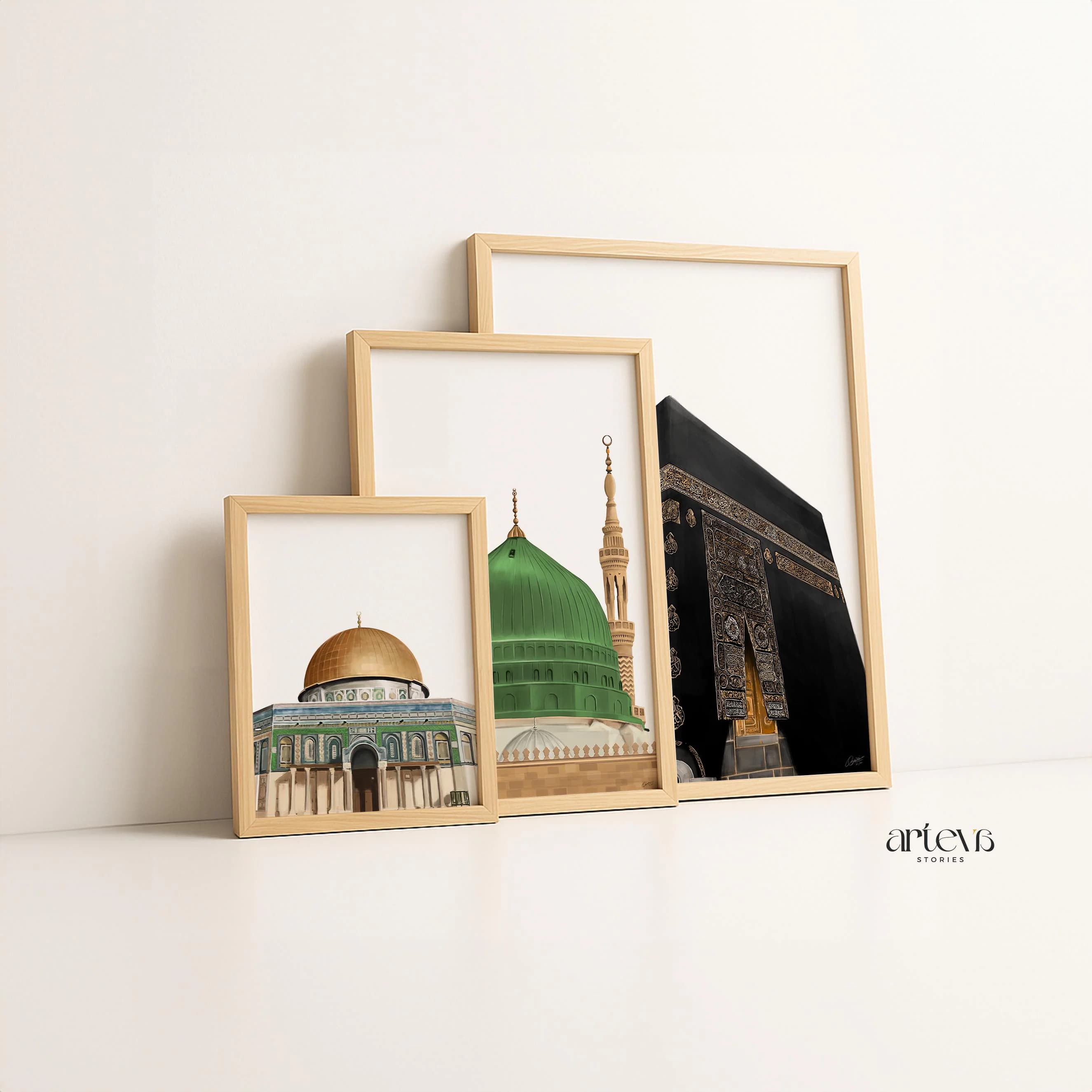 Set of 3 Islamic Landmark Prints, Kaaba, Masjid Nabawi & Dome of the Rock, Digital Wall Art, Printable Muslim Decor