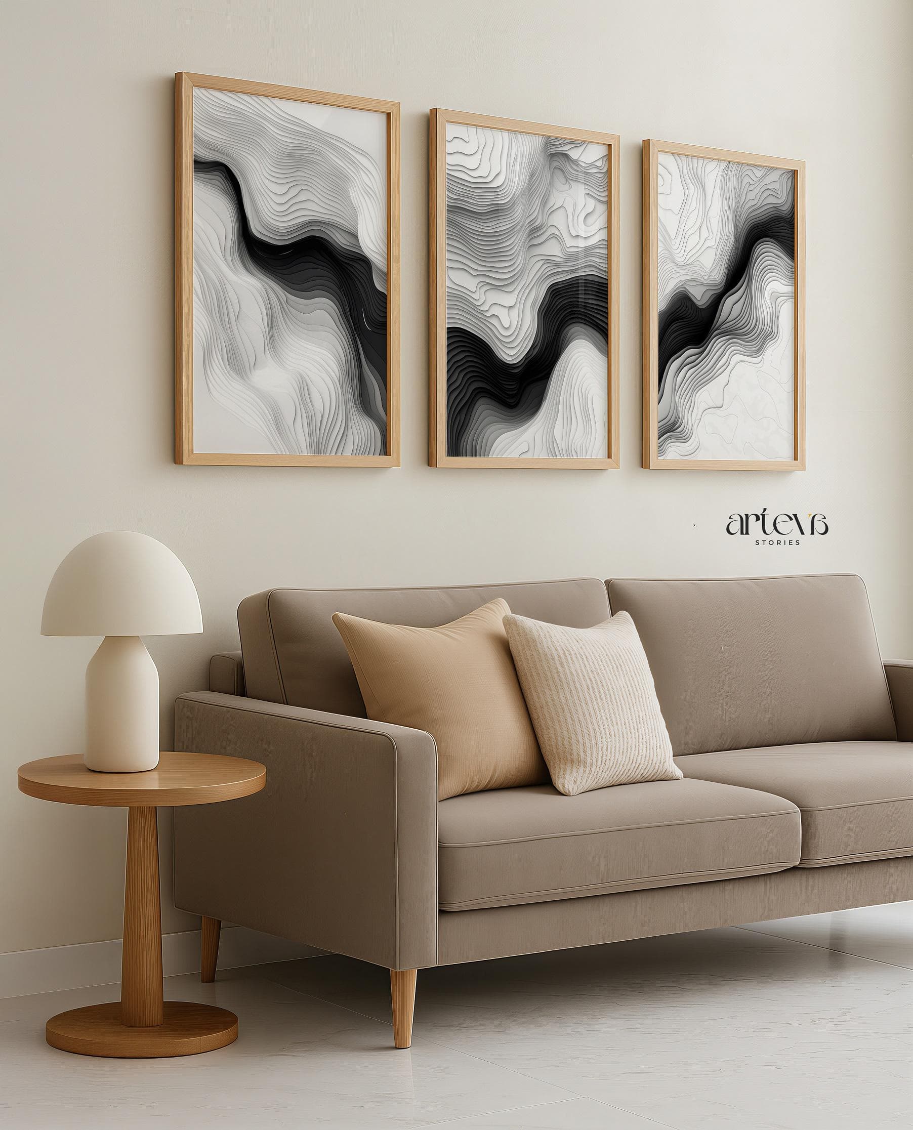 Set of 3 Monochrome Topography Line Art Prints, Black & White Abstract Minimalist Wall Art, Modern Printable Download