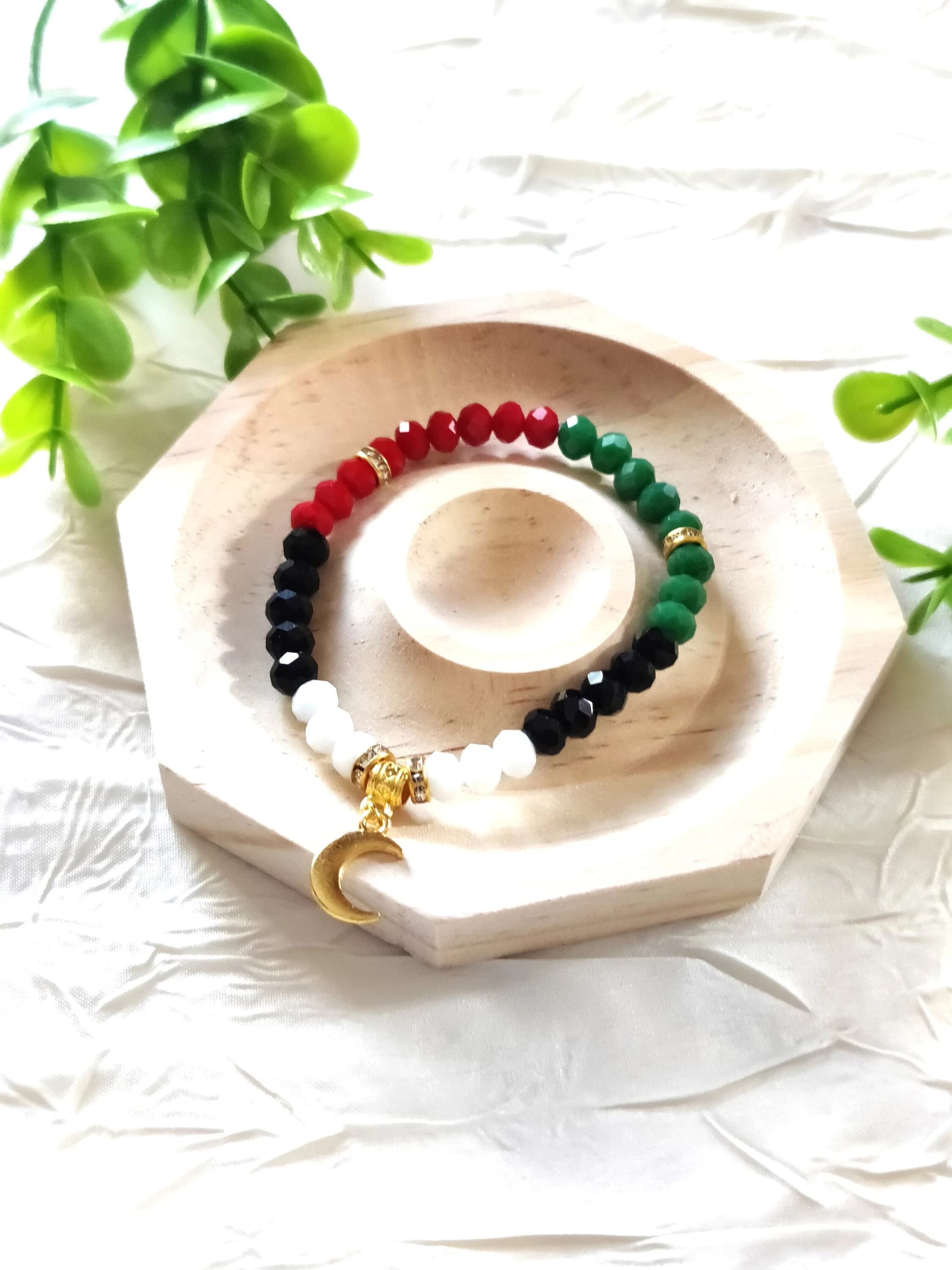 Tasbih bracelet 33 perles couleur drapeau palestine, Porte clés personnalisable, perles de prière, cadeau eid ramadan femme, lune doré