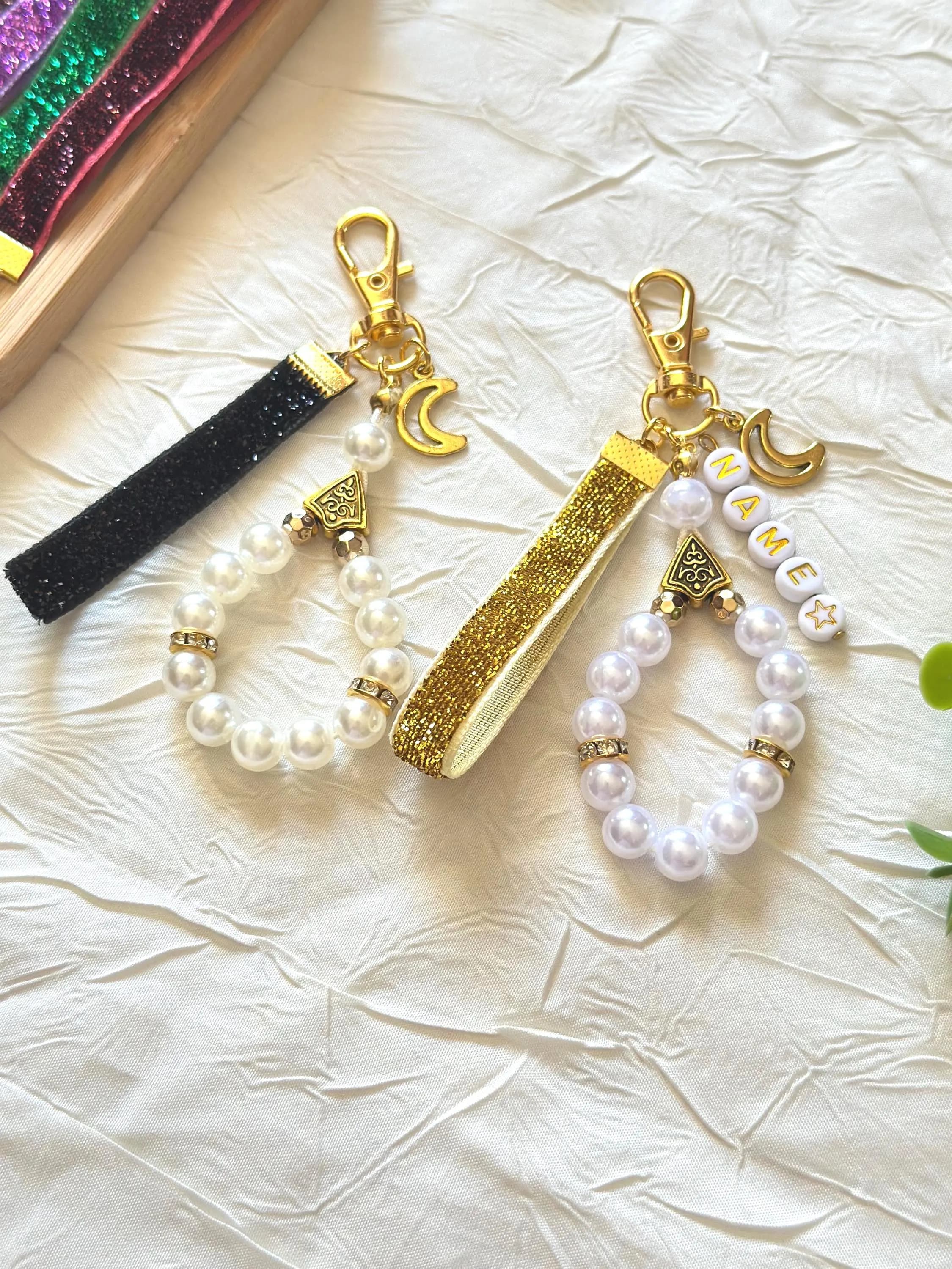 Tasbih porte clé 11 perles doré personnalisé ruban velours pailleté femme cadeau Ramadan Eid Mubarak Omra
