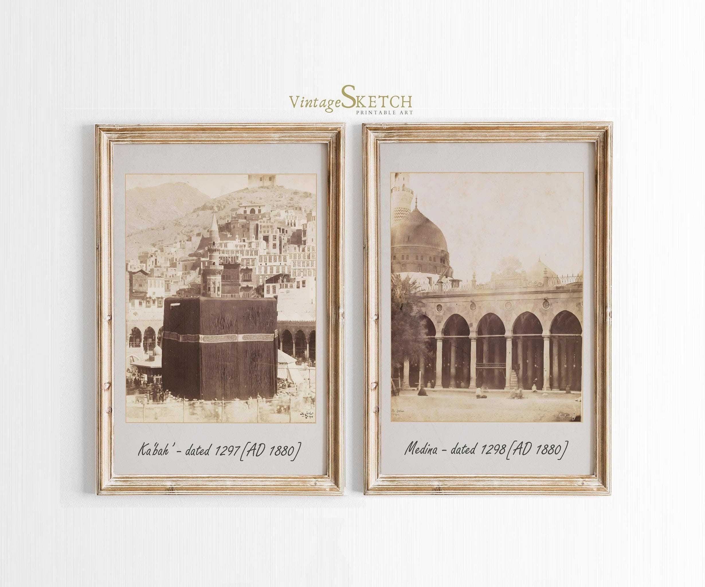 Vintage Kabah Masjid Al Nabawi, Set of 2 Islamic Wall Art, Muslim Home Decor Gift, Prophet Mosque Wall Art, Vintage Makkah and Medina Poster