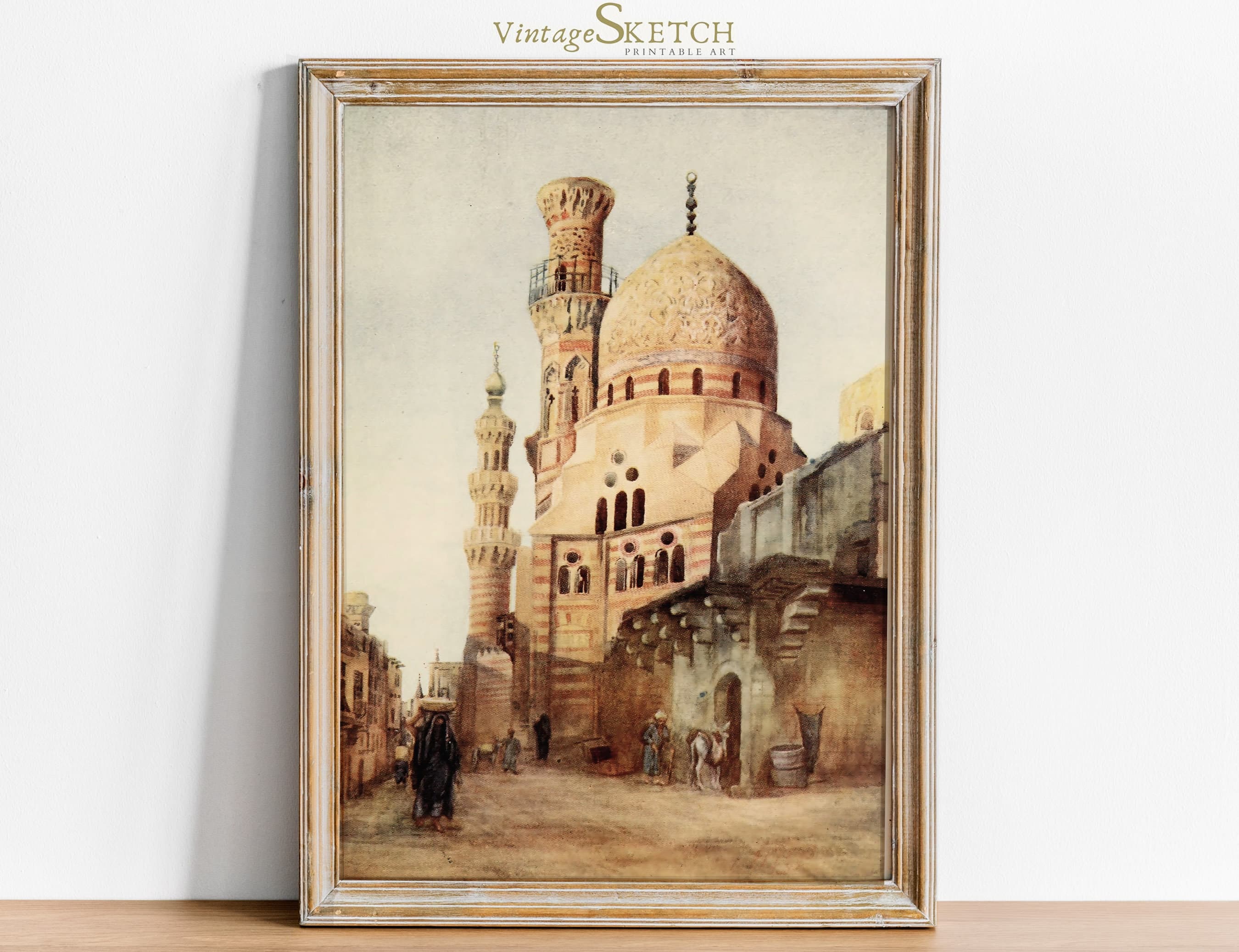 Vintage Cairo Mosque Wall Art Painting, Islamic Wedding Gift, Arab Architecture, Mosque wall art-Islamic Art, Islamic Decor, Mosque Painting