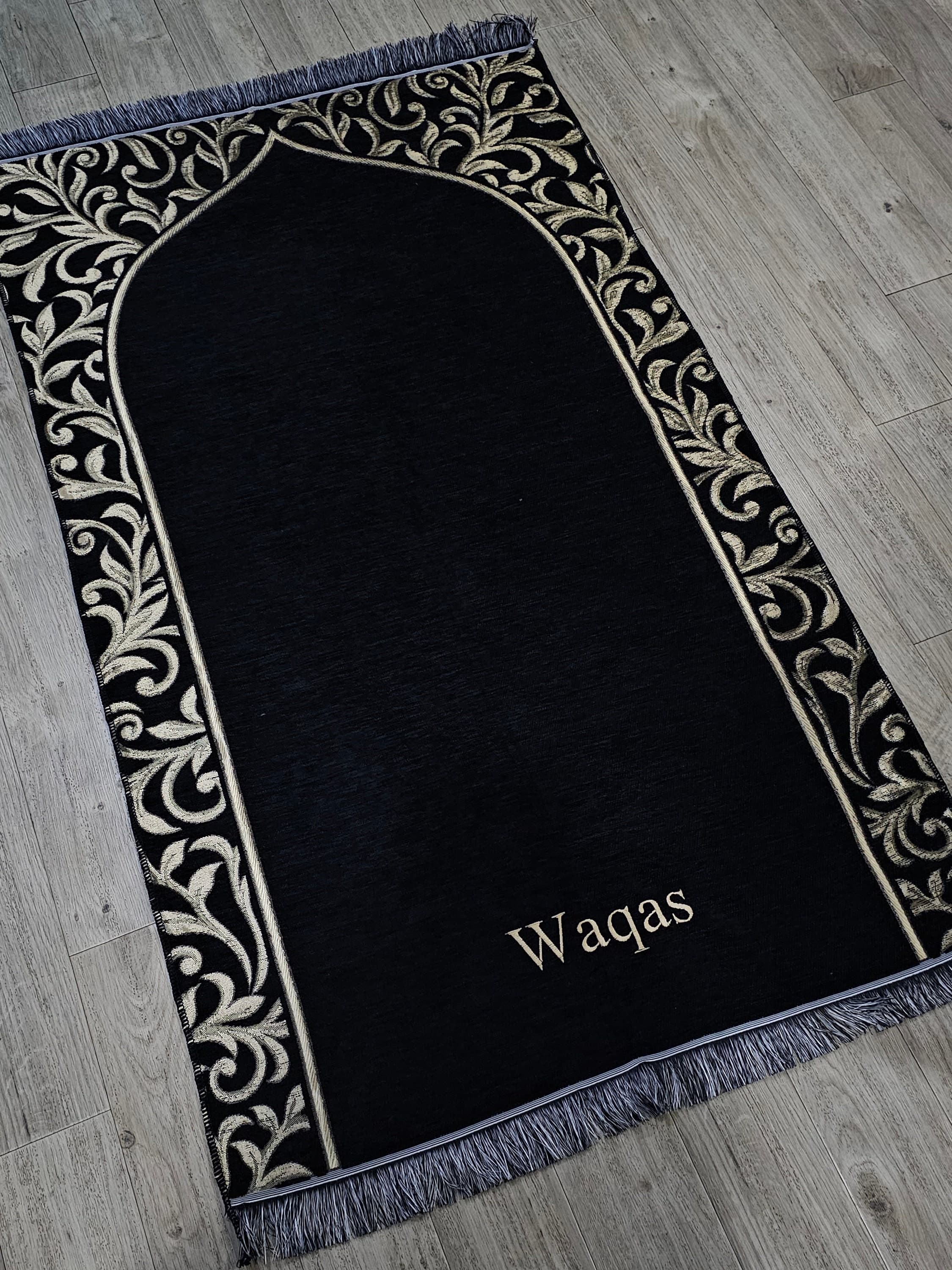 Personalised Prayer Mat Mussallah | Embroidered Sajadah | Islamic Muslim Gift |  Salah Mat | Namaz rug | Area Rug | Home Decor| Grey | Black - image 4