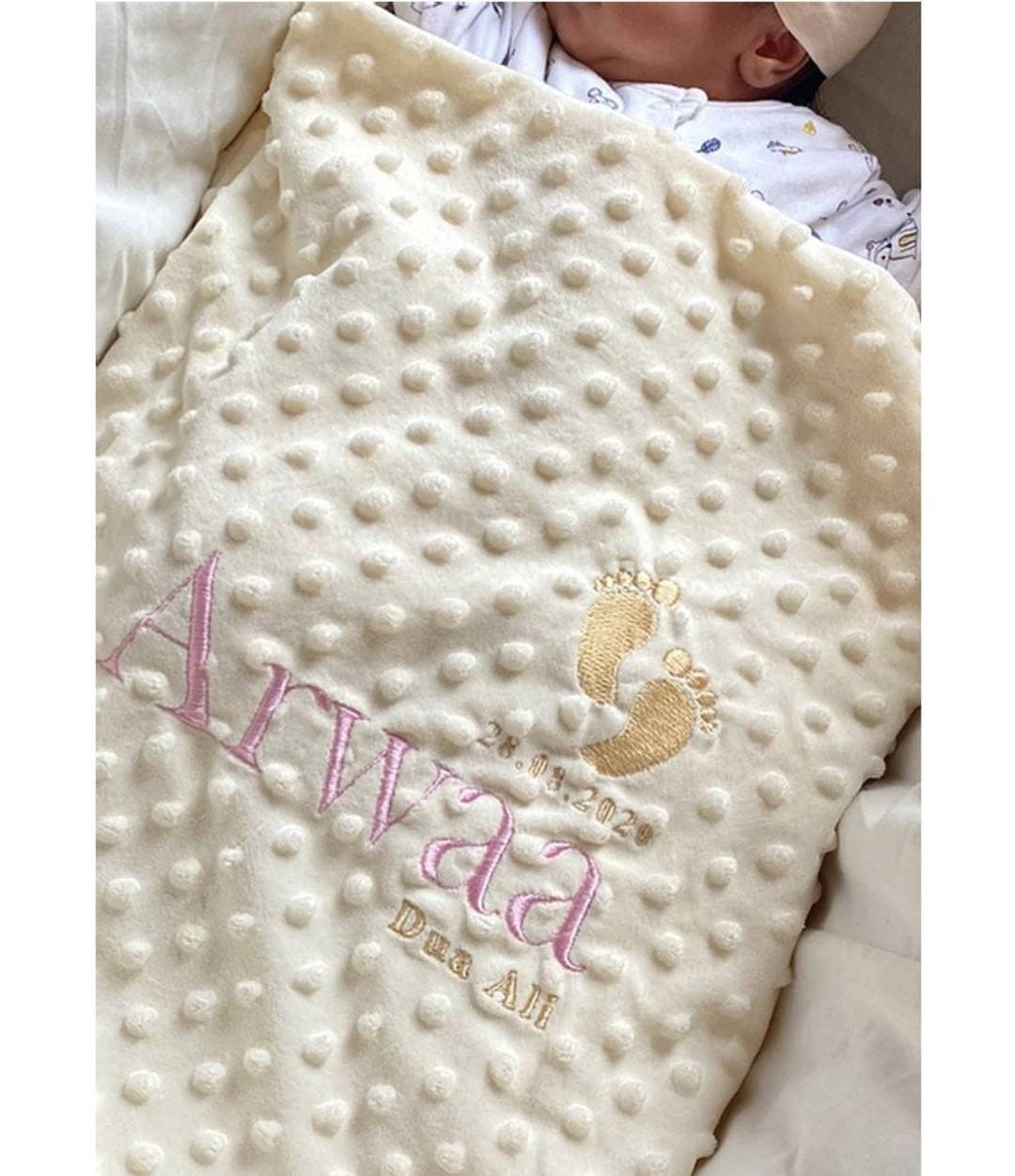 Personalised Baby Popcorn Blanket with Name, Footprint & Date of Birth – Soft Newborn Keepsake | Baby Shower Gift | Custom Baby Blanket - image 3