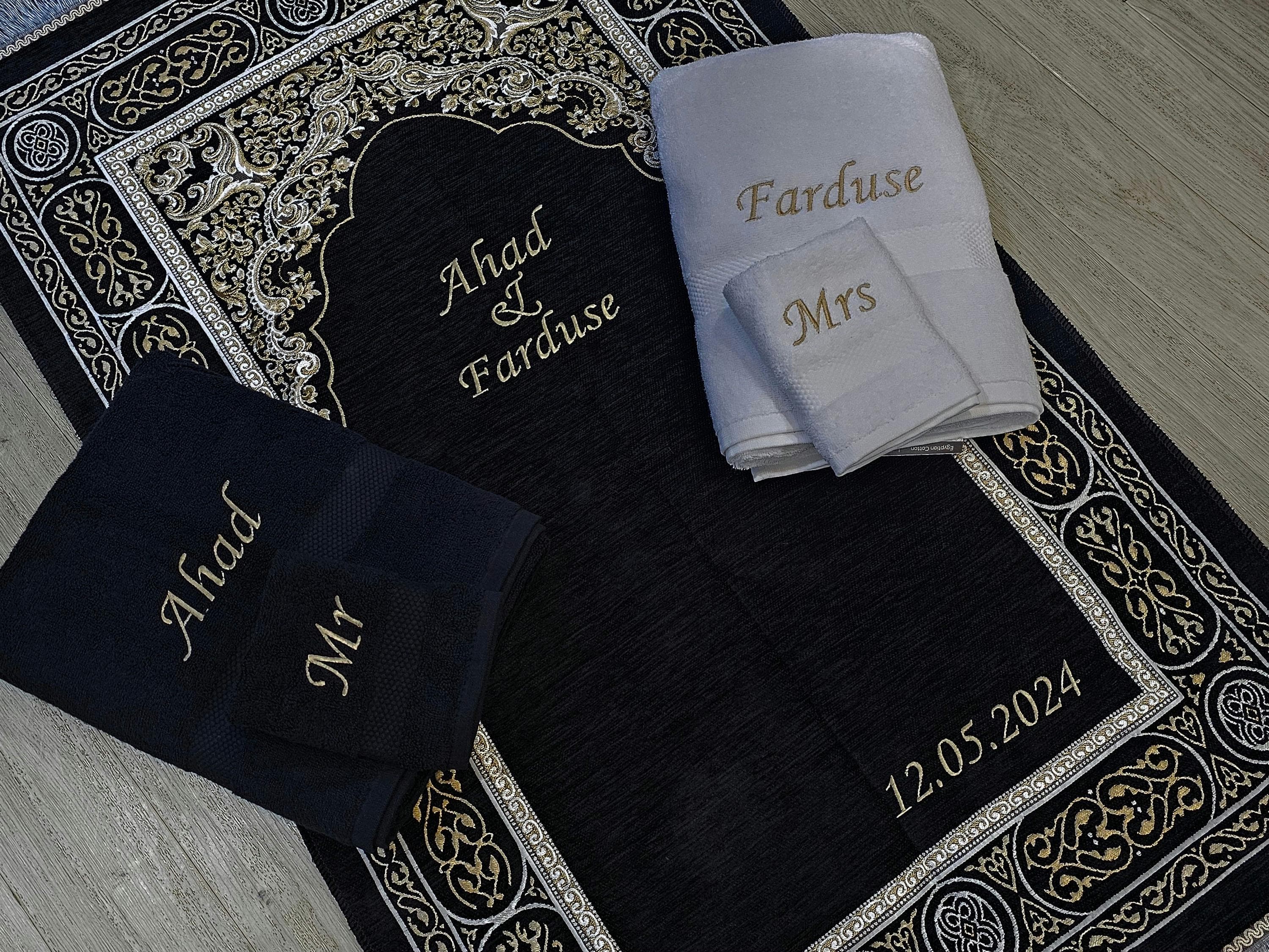 Personalised Couples Prayer Mat and Towel Set – Muslim Wedding Gift | Nikah or Walima Present | Mr and Mrs |Newlywed Keepsake | Islamic Gift