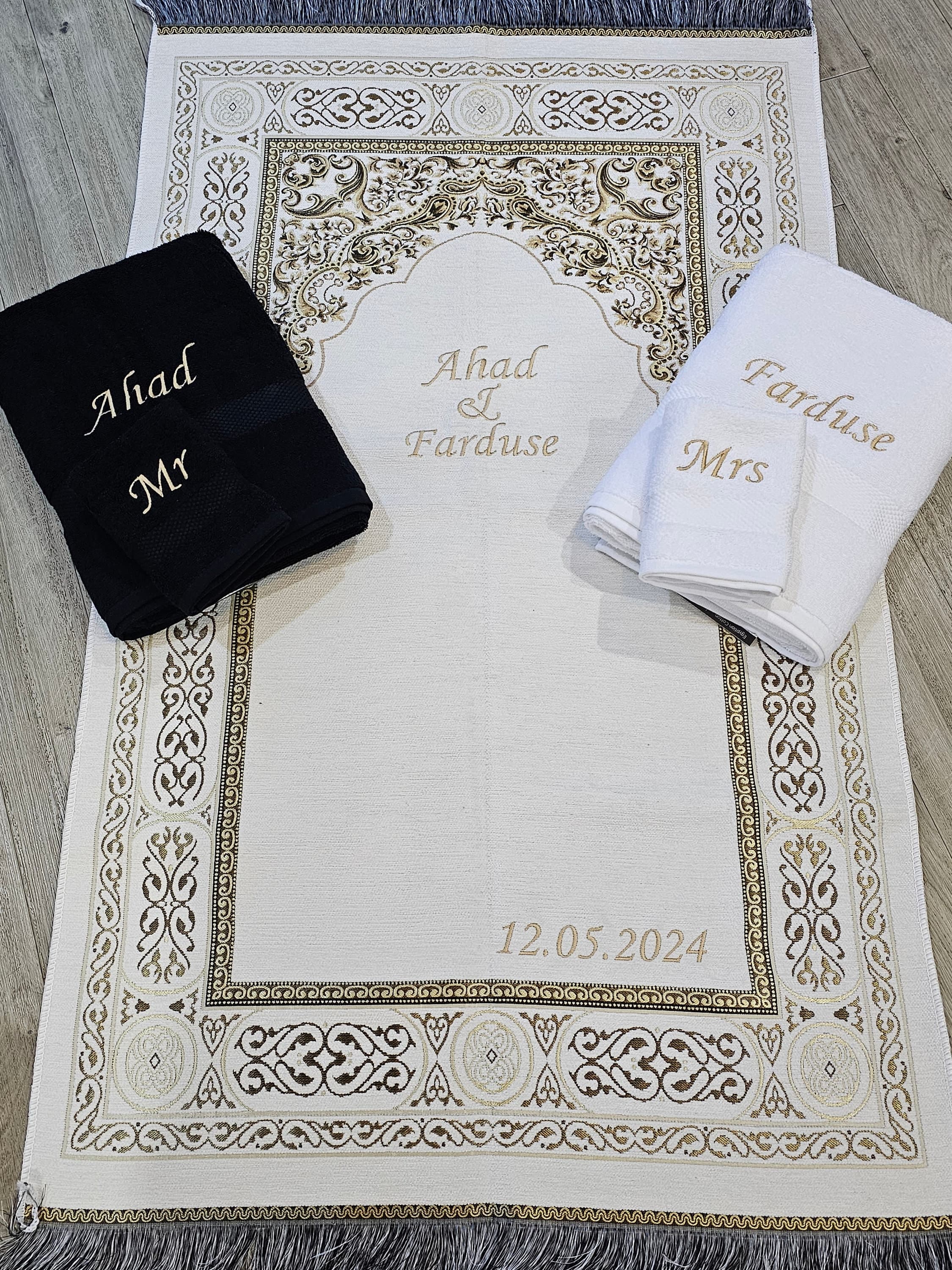 Personalised Couples Prayer Mat and Towel Set – Muslim Wedding Gift | Nikah or Walima Present | Mr and Mrs |Newlywed Keepsake | Islamic Gift - image 5
