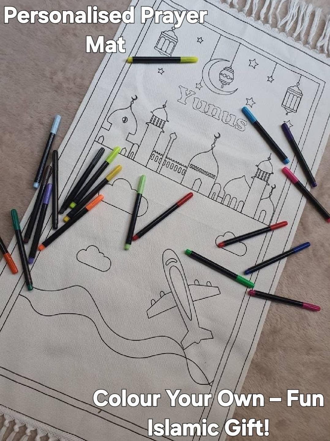 Ramadan Kids Islamic Prayer Coloring Mat, Personalized Eid Kids Activity Islamic Gift Prayer Mat Rug