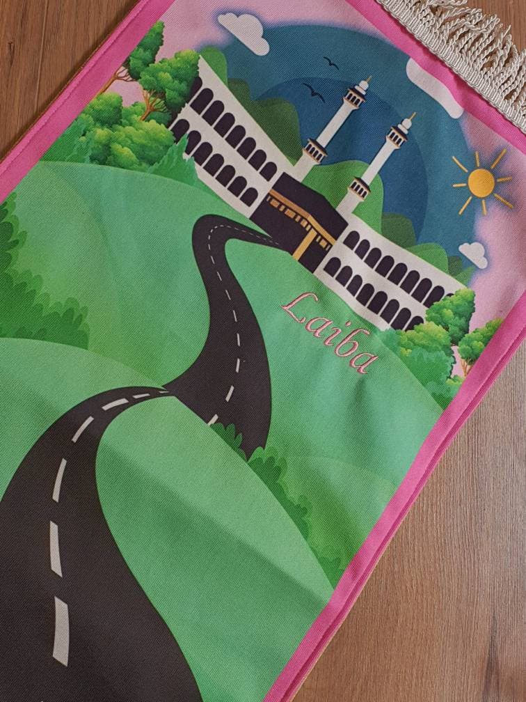 Personalised Kids Prayer Mat with Name – Islamic Gift Eid Present | Ramadan Gift | Muslim Children Salah Rug | Kaba Kaaba Themed Umrah gift - image 4