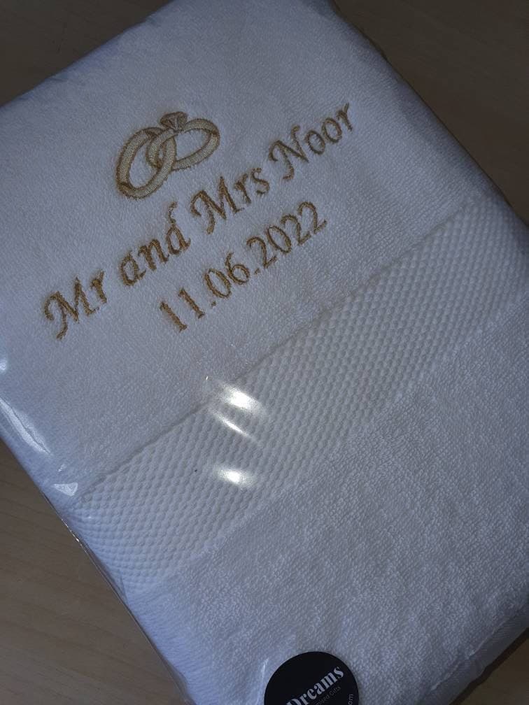 Wedding Gift | Mr and Mrs | His and Hers Towels | Luxury Wedding Rings Band | Embroidered Gift | House Warming | New Home | Nikkah Walima - image 5