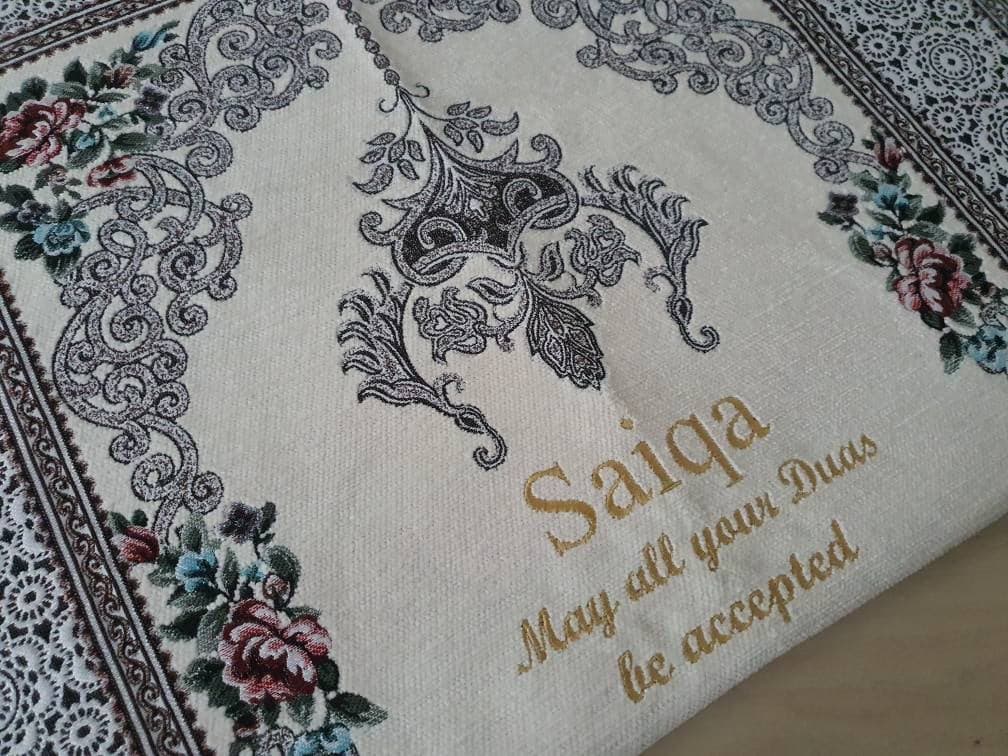 personalised prayer mat – Adult sajada with Arabic English embroidered – elegant islamic gift for ramadan, eid, nikah, walima, wedding namaz - image 5