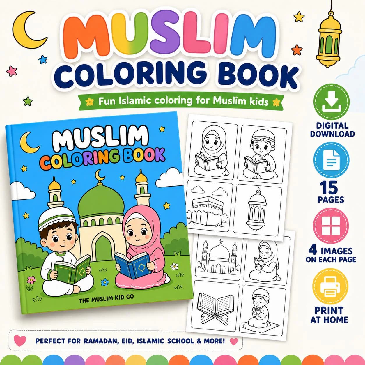 Muslim Kids Coloring Book, Islamic Learning Activity, Ramadan Eid (Digital Download)