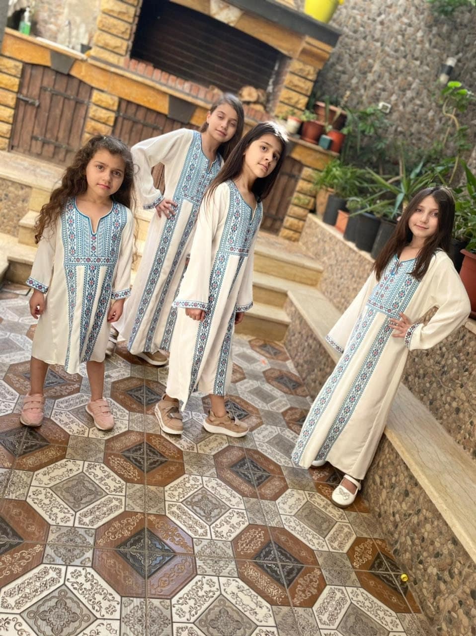 Girl's Palestinian Tatreez Thobe long Dress Blue and white Embroidered Thoub - image 3