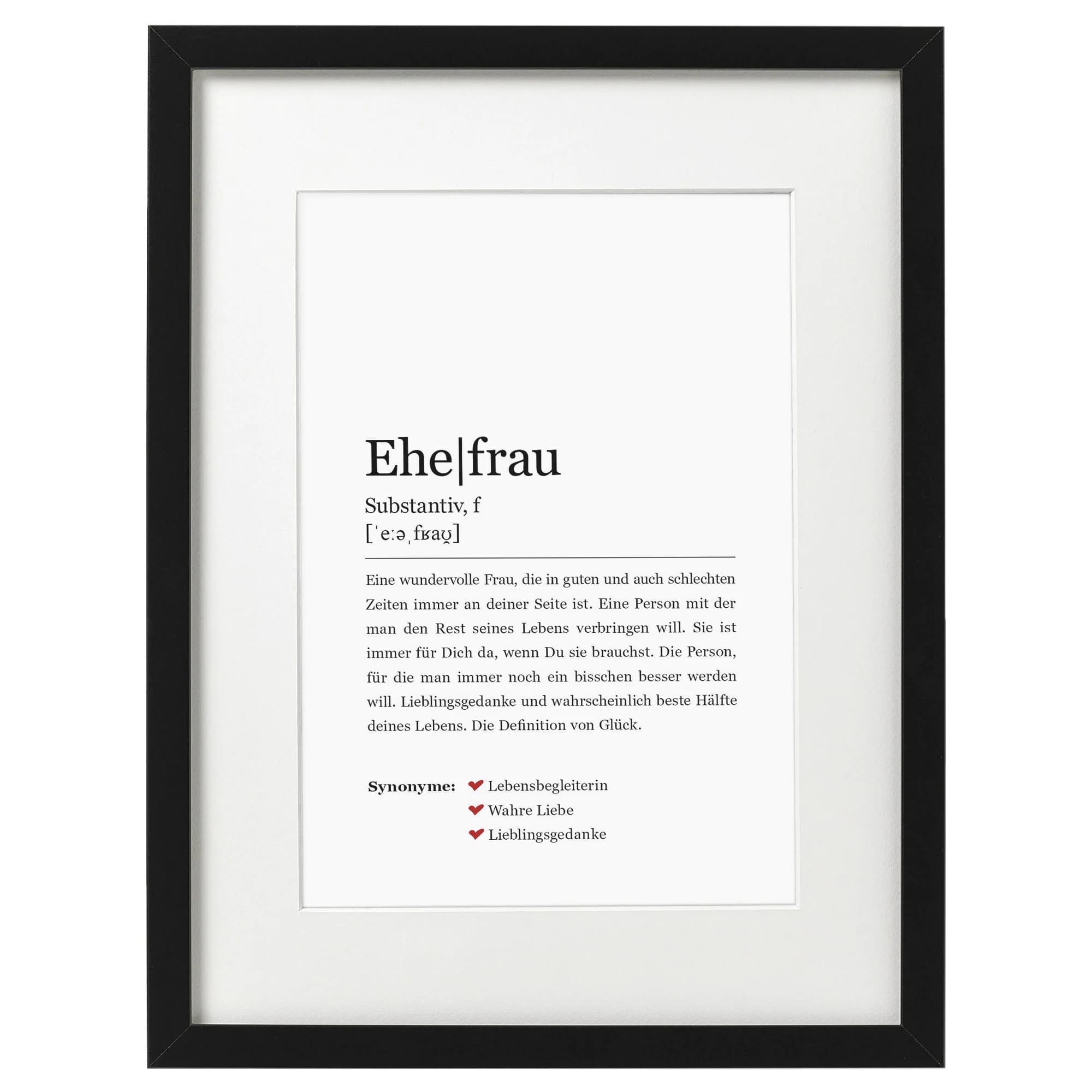 Ehefrau Kunstdruck im Rahmen Holzrahmen black Passepartout Deko Bild Wandbild Hochzeit Geschenk