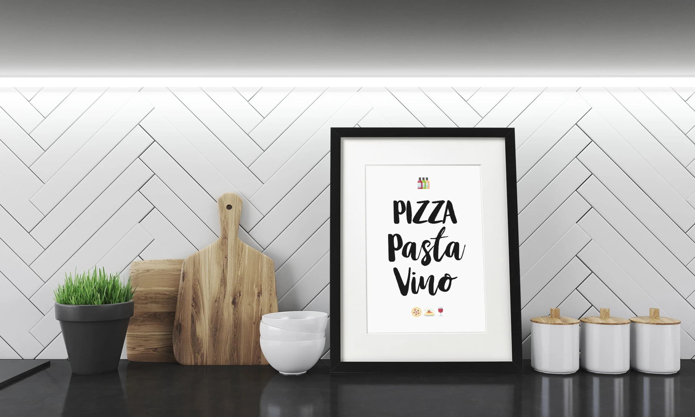 Pizza Pasta Kunstdruck im Rahmen schwarz mit Passepartout Deko Bild Holzrahmen Wein Vino Küche Poster Wandbild gerahmt Din A4 Geschenk