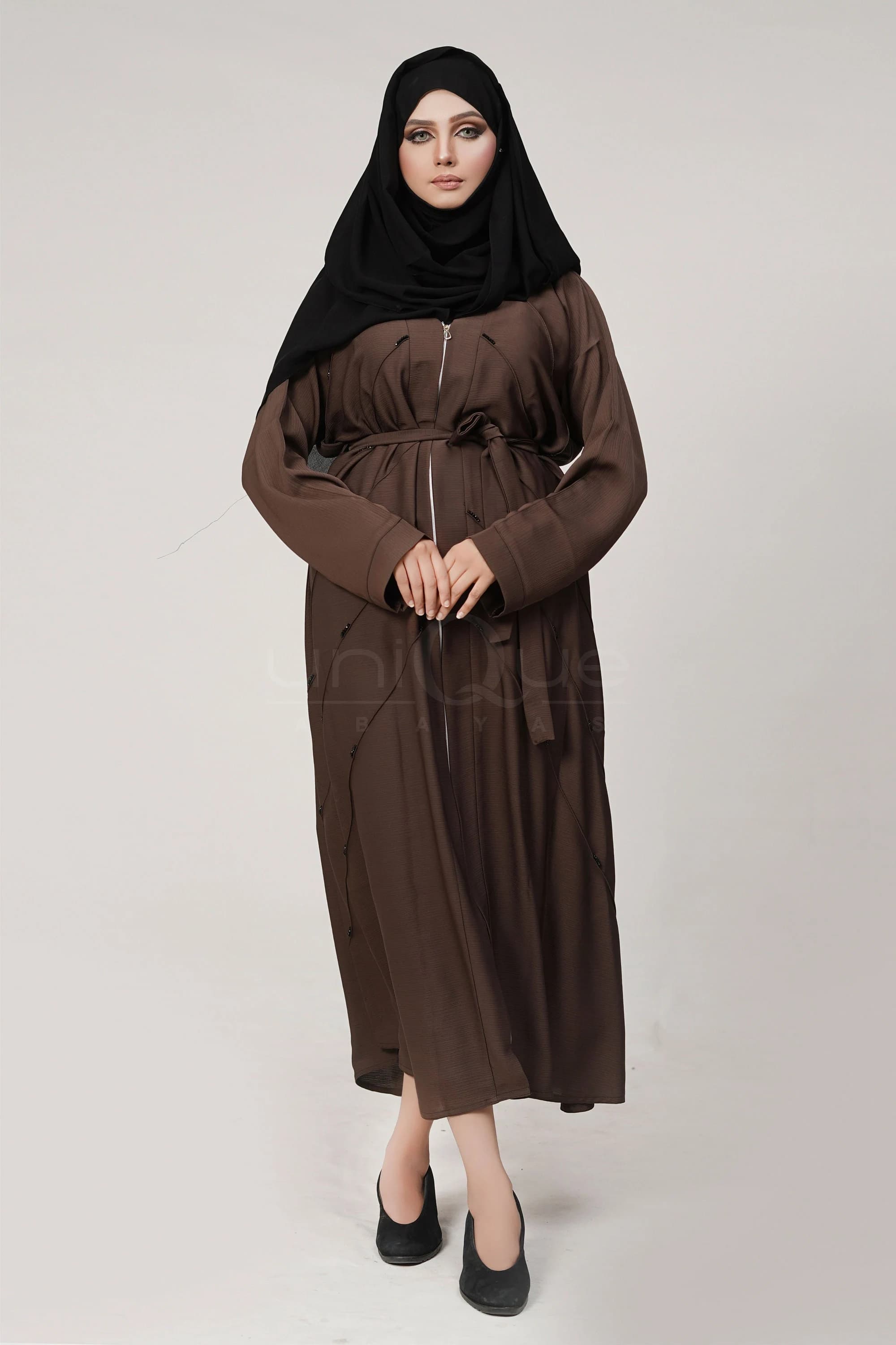 Full Zip Embellished Chocolate, Mint, Turquoise Muslim Open Abaya Muslim Women Wear - image 5