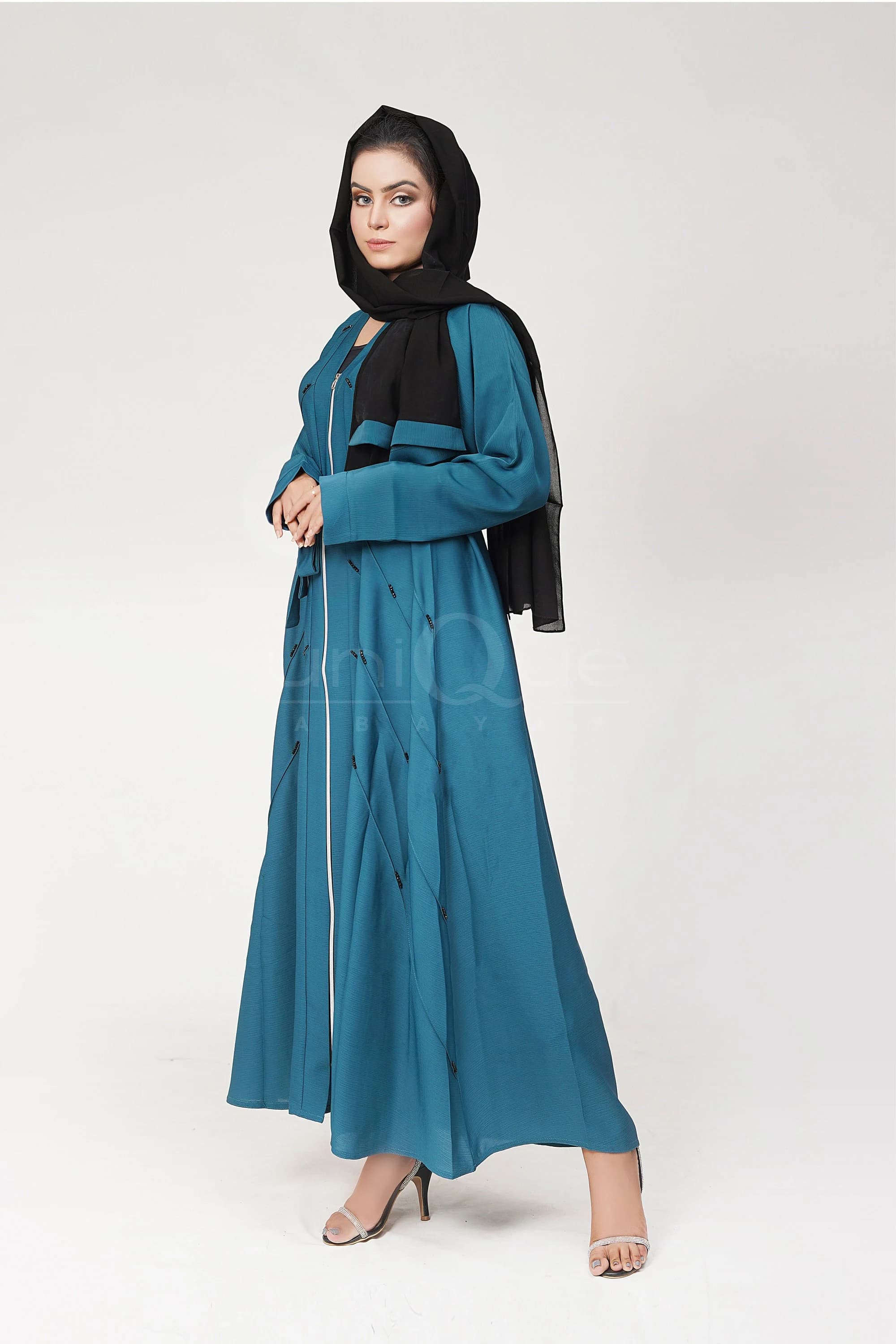 Full Zip Embellished Chocolate, Mint, Turquoise Muslim Open Abaya Muslim Women Wear