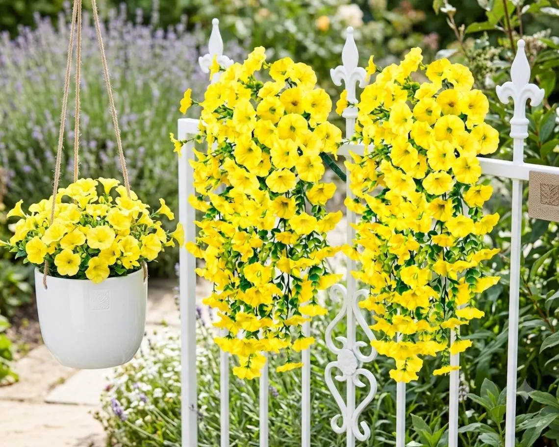 Artificial Hanging Flower Vines - Set of 2 UV-Resistant Silk Petunia Plants for Porch, Balcony, or Garden Decor - Lush Fake Floral Greenery - image 4