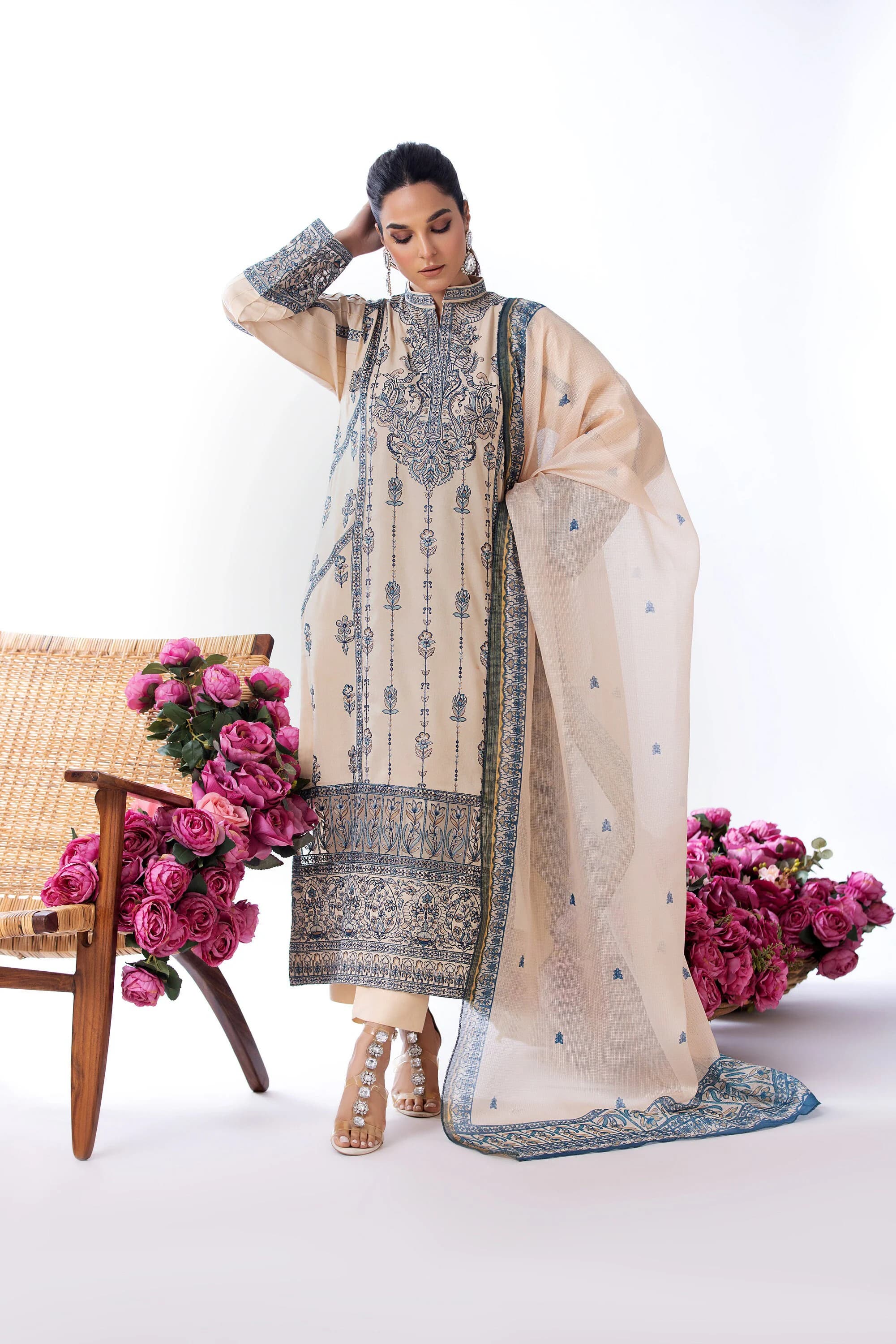 Beige Embroidered Pakistani Suit, Cambric Cotton Salwar Kameez, Formal Dress