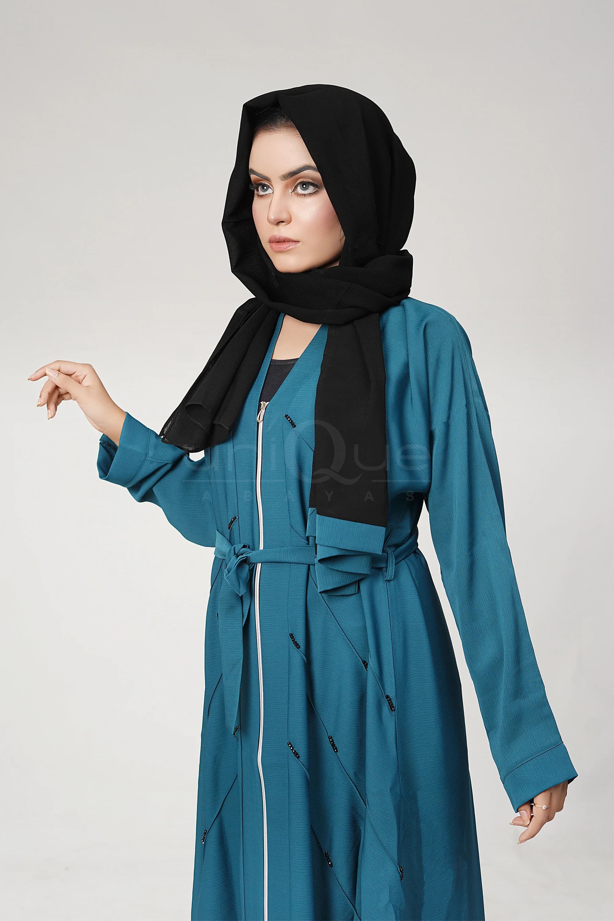 Full Zip Embellished Chocolate, Mint, Turquoise Muslim Open Abaya Muslim Women Wear - image 4