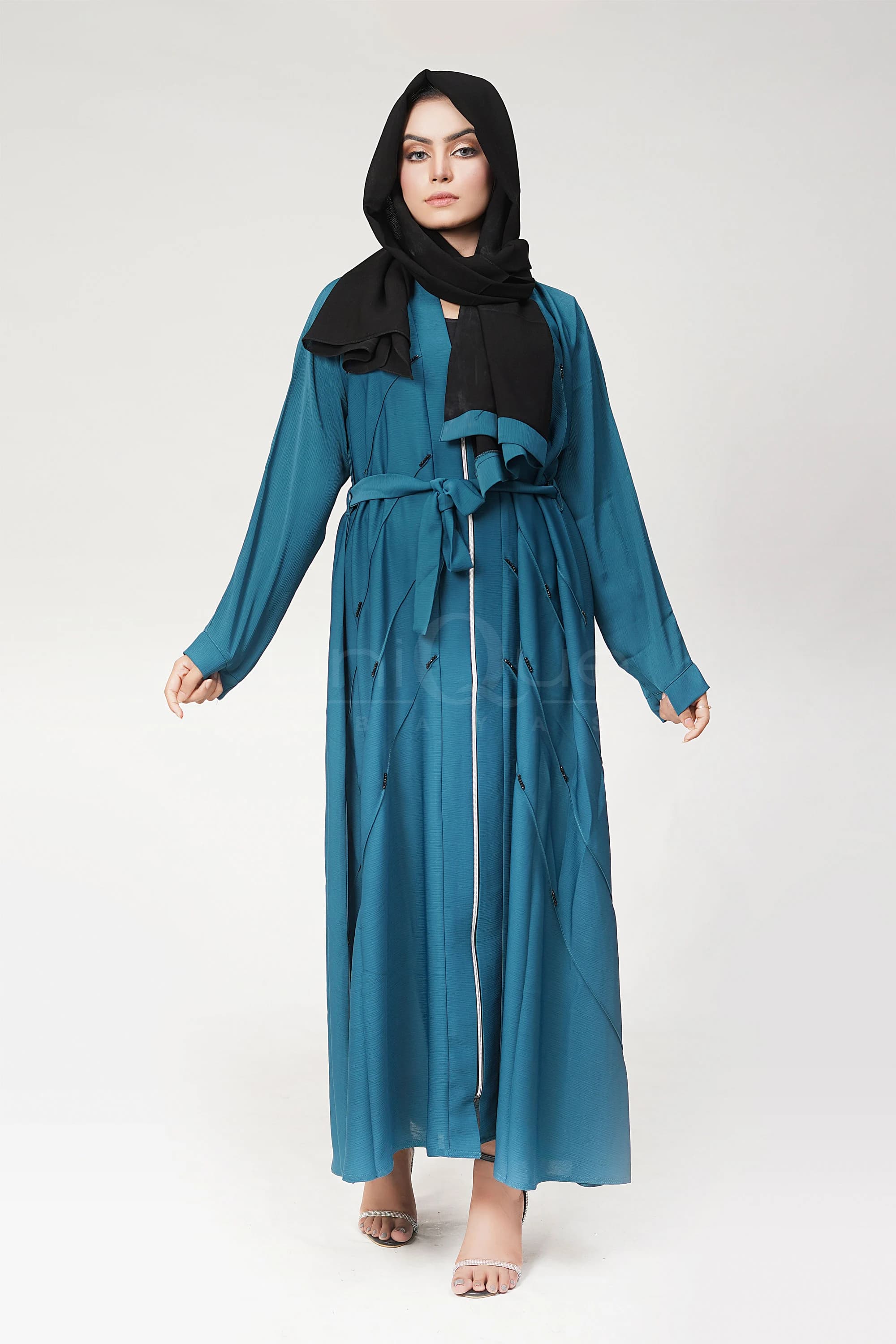 Full Zip Embellished Chocolate, Mint, Turquoise Muslim Open Abaya Muslim Women Wear - image 3