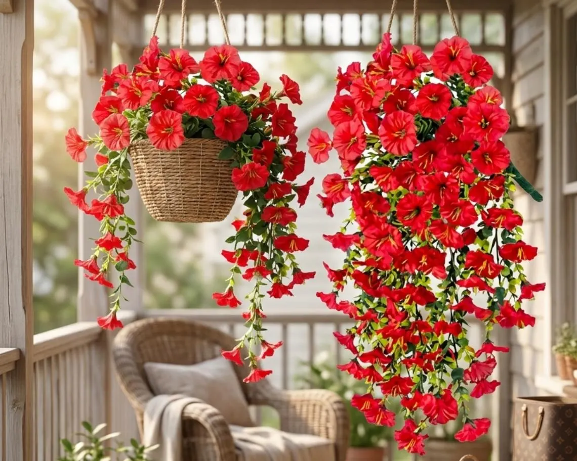 Artificial Hanging Flower Vines - Set of 2 UV-Resistant Silk Petunia Plants for Porch, Balcony, or Garden Decor - Lush Fake Floral Greenery - image 3