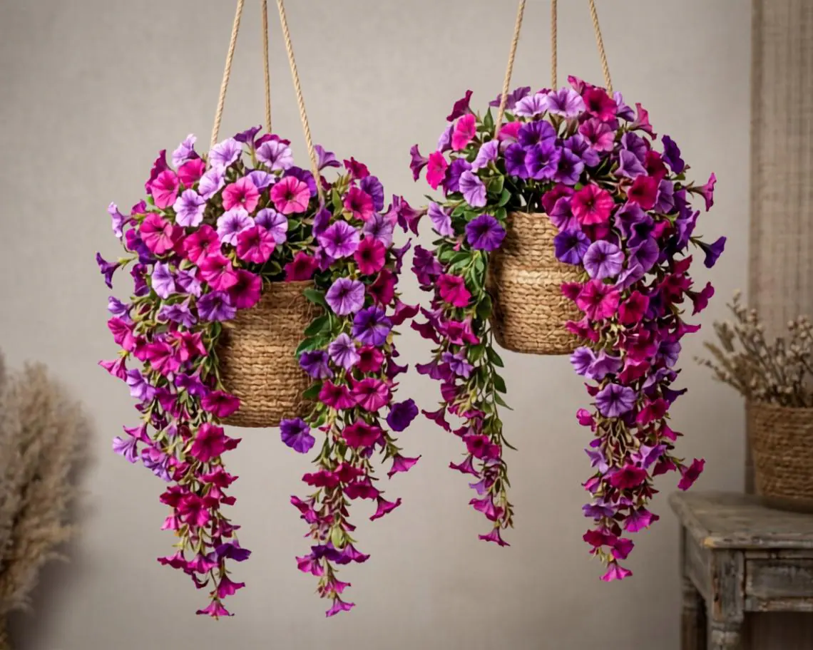 Artificial Hanging Flower Vines - Set of 2 UV-Resistant Silk Petunia Plants for Porch, Balcony, or Garden Decor - Lush Fake Floral Greenery