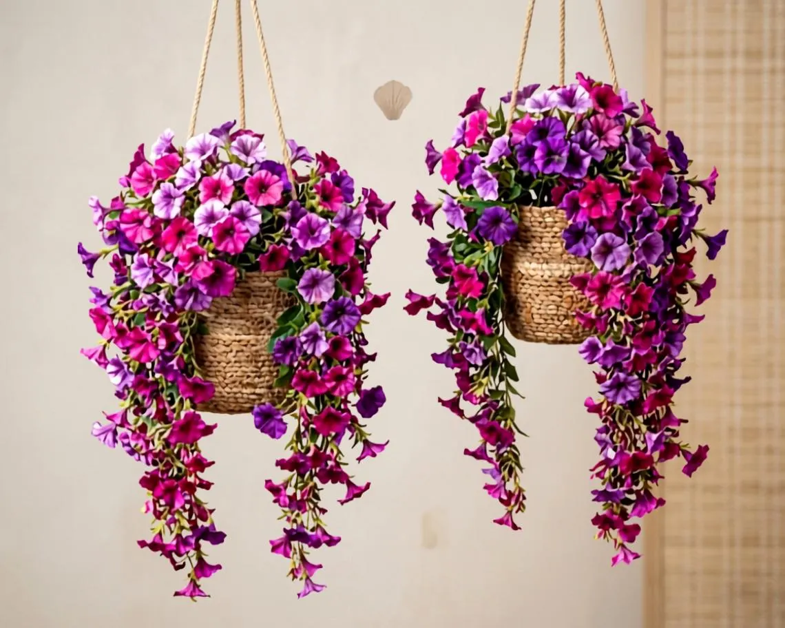 Artificial Hanging Flower Vines - Set of 2 UV-Resistant Silk Petunia Plants for Porch, Balcony, or Garden Decor - Lush Fake Floral Greenery - image 5