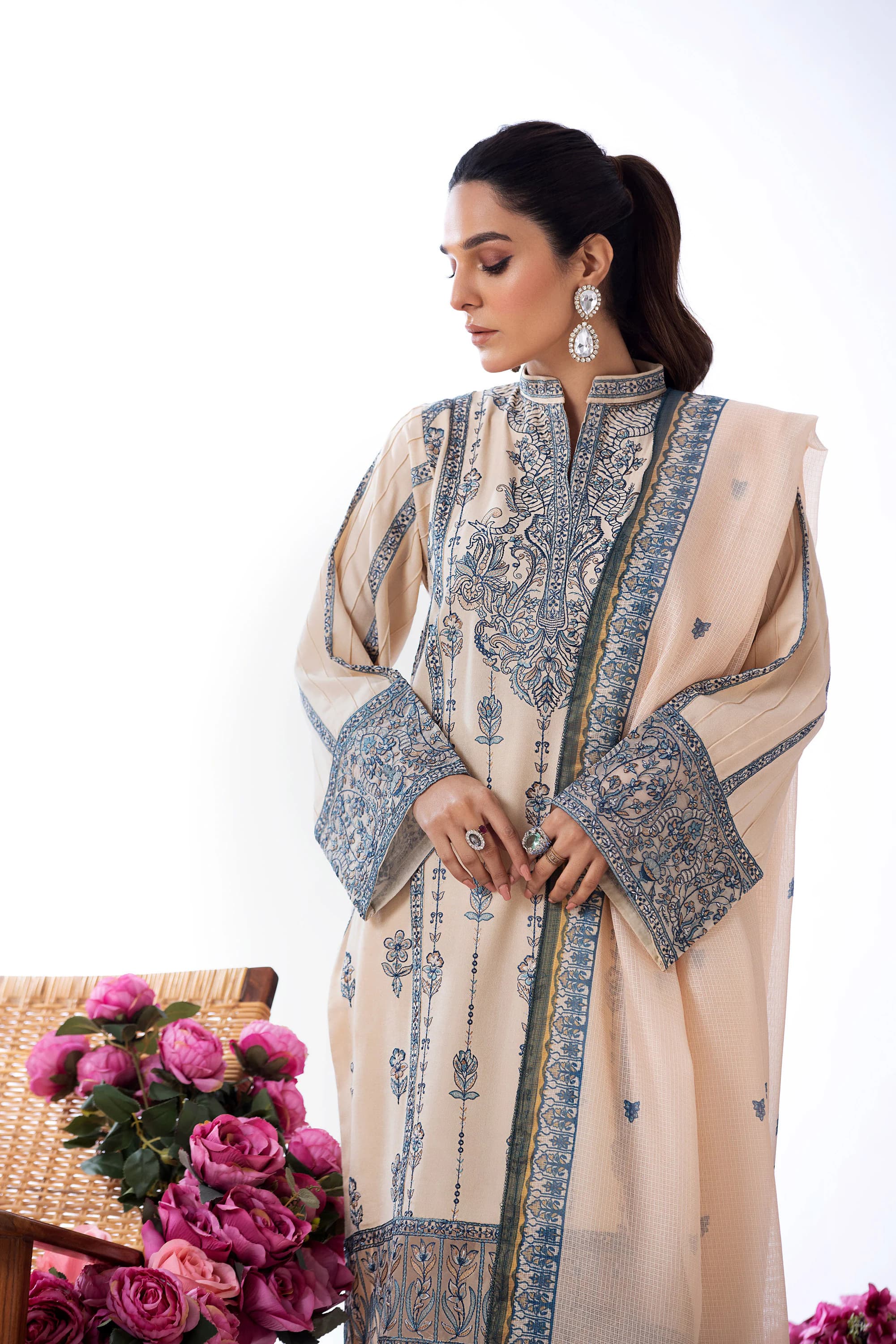 Beige Embroidered Pakistani Suit, Cambric Cotton Salwar Kameez, Formal Dress - image 4