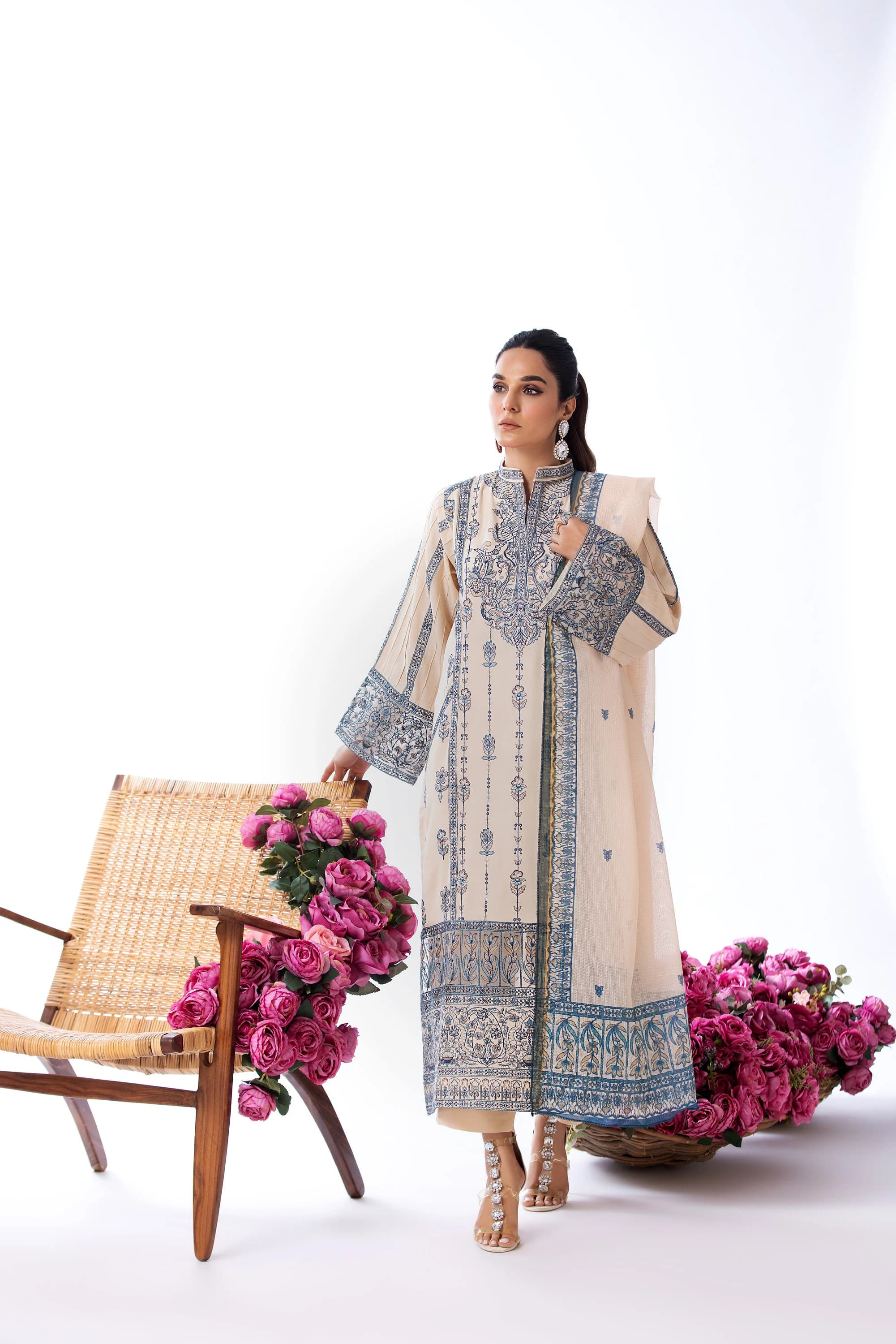 Beige Embroidered Pakistani Suit, Cambric Cotton Salwar Kameez, Formal Dress - image 3