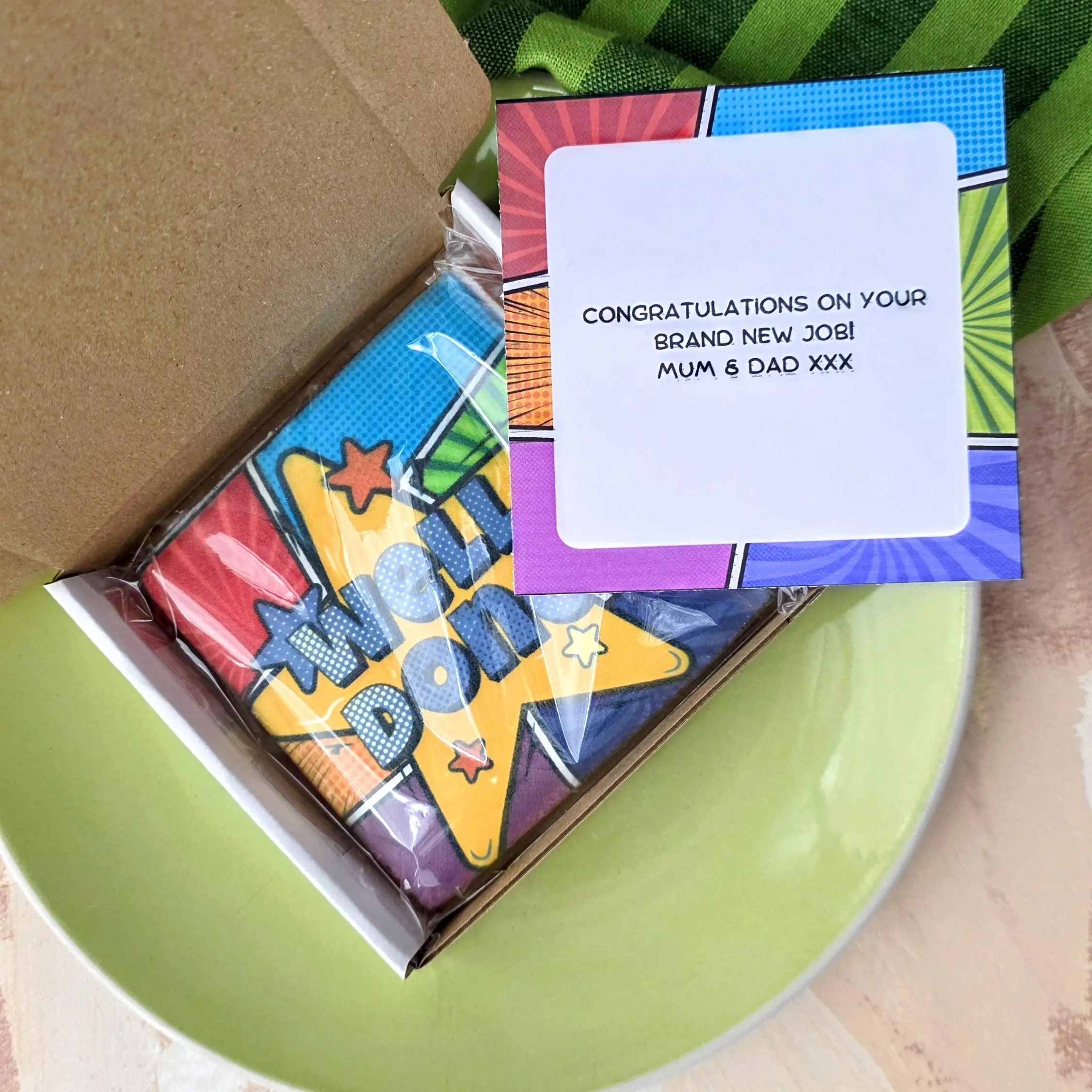 Delicious hand-iced vanilla biscuit printed with a comic book themed "well done" message, and with a personalised matching card. Perfect as a little well done gift for exams, GCSEs, new job, or new business. Free UK delivery.