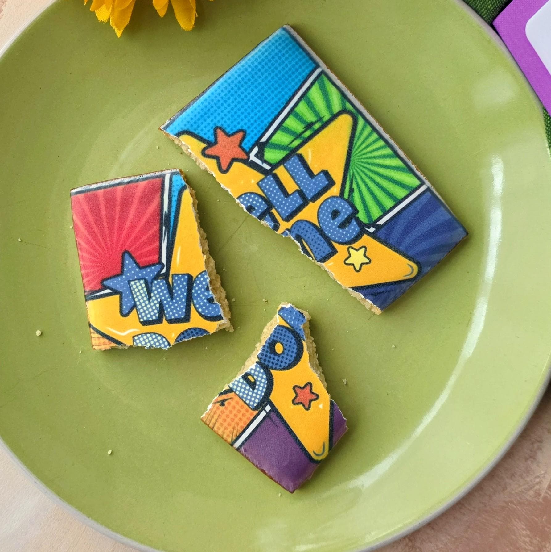 Delicious hand-iced vanilla biscuit printed with a comic book themed "well done" message, and with a personalised matching card. Perfect as a little well done gift for exams, GCSEs, new job, or new business. Free UK delivery.