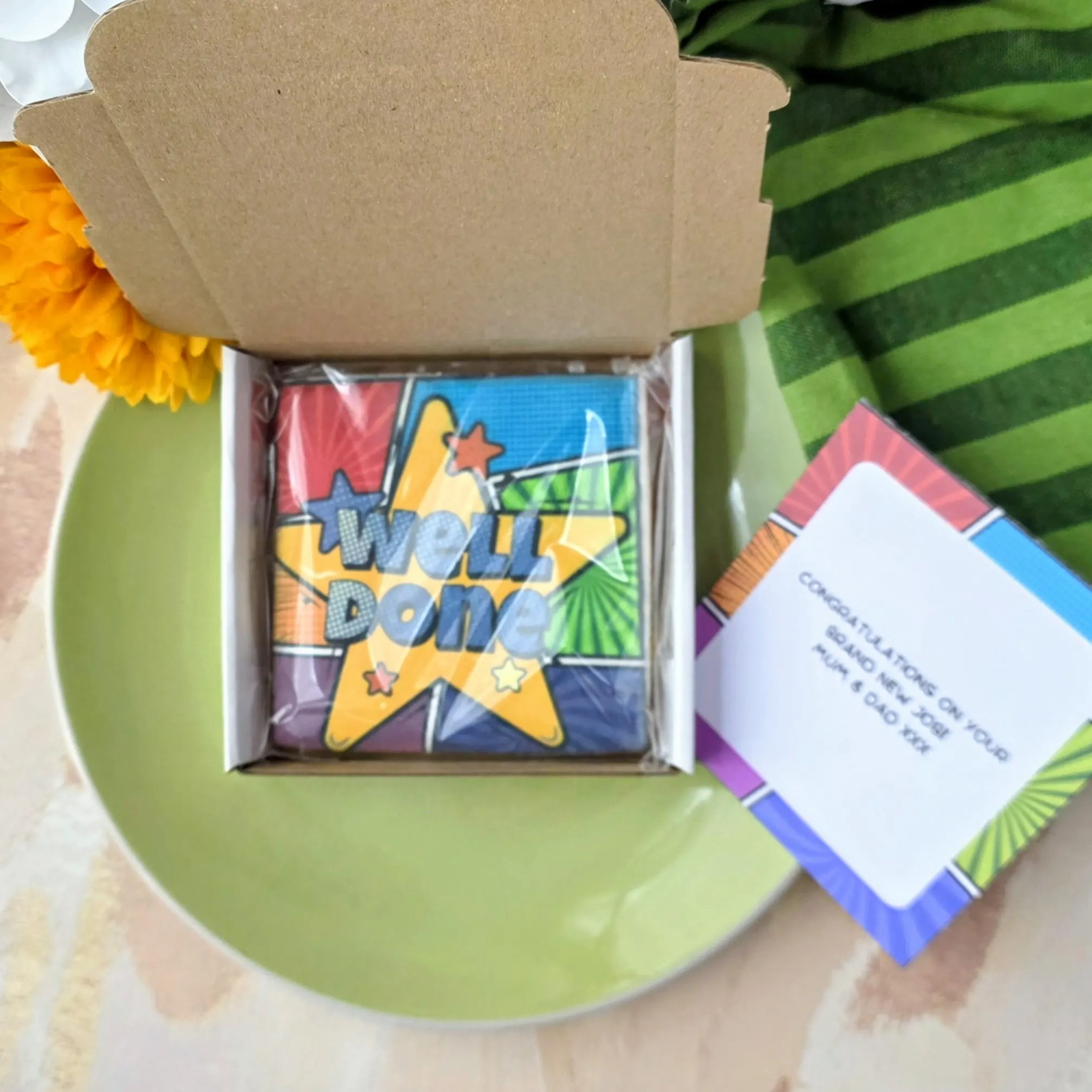 Delicious hand-iced vanilla biscuit printed with a comic book themed "well done" message, and with a personalised matching card. Perfect as a little well done gift for exams, GCSEs, new job, or new business. Free UK delivery.