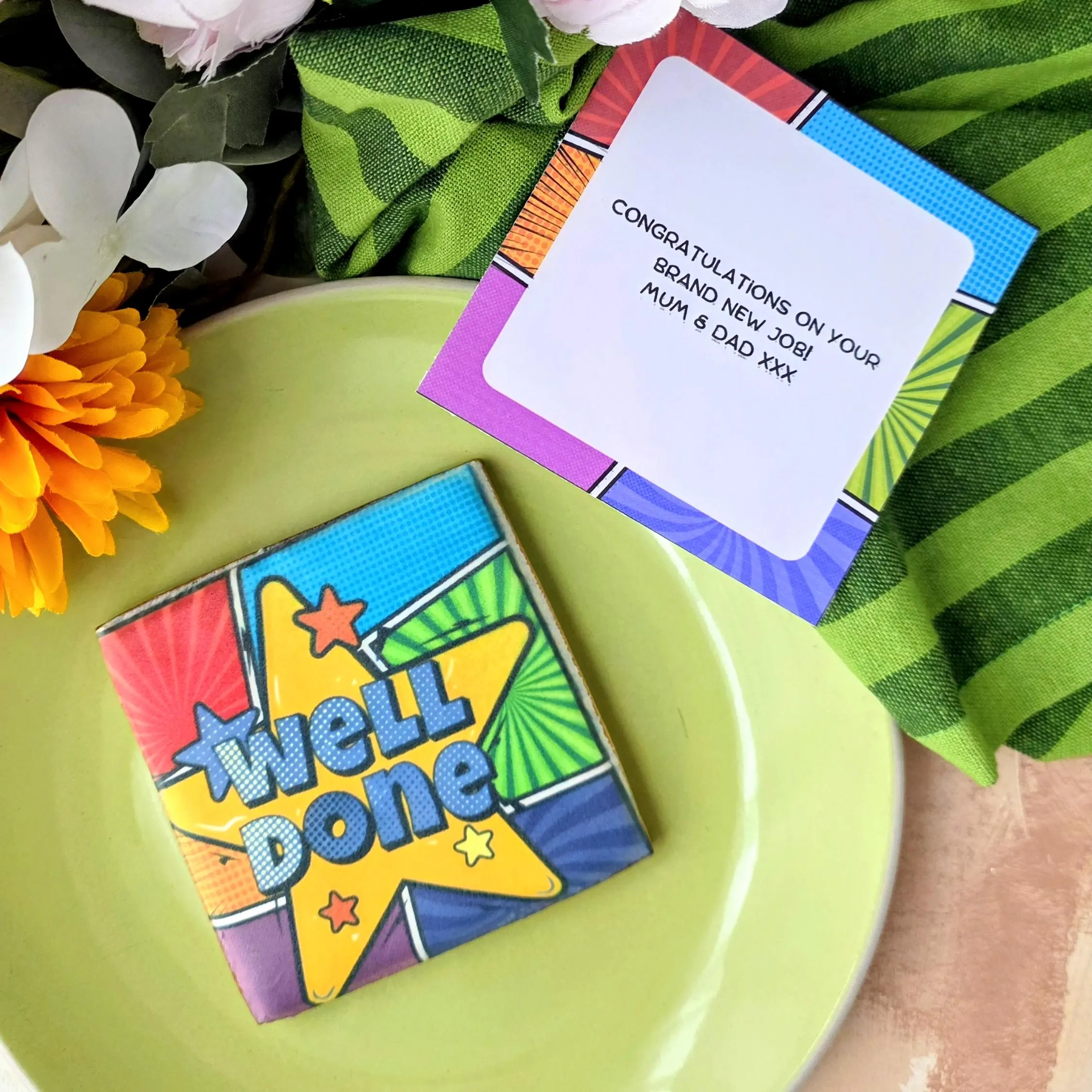 Delicious hand-iced vanilla biscuit printed with a comic book themed "well done" message, and with a personalised matching card. Perfect as a little well done gift for exams, GCSEs, new job, or new business. Free UK delivery.